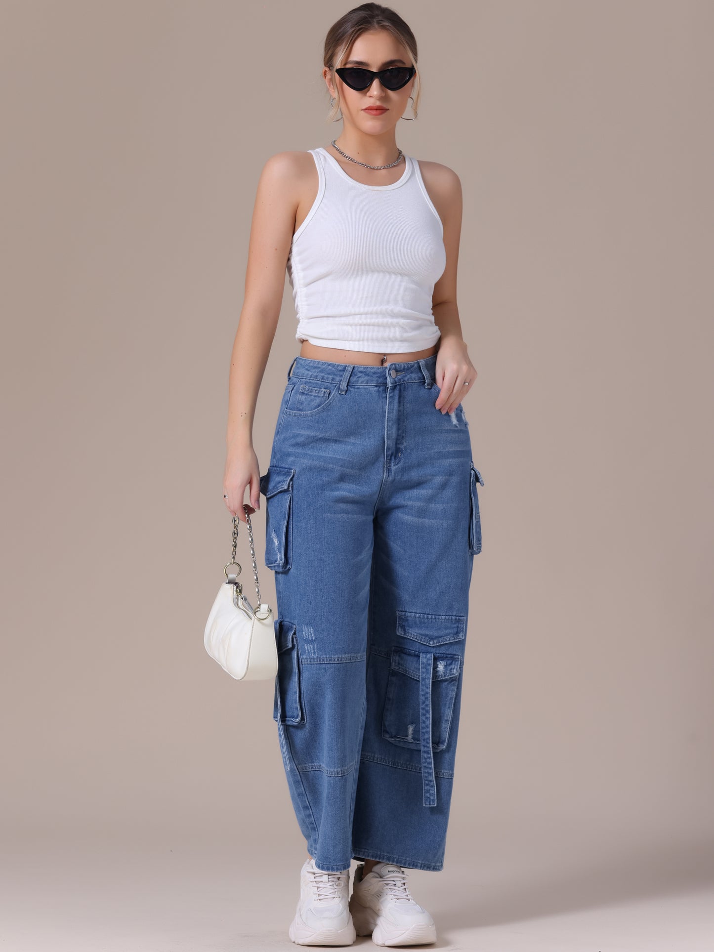 Women's Cargo Jeans Straight Wide Leg High Waist 8 Pockets Casual Baggy Denim Pants