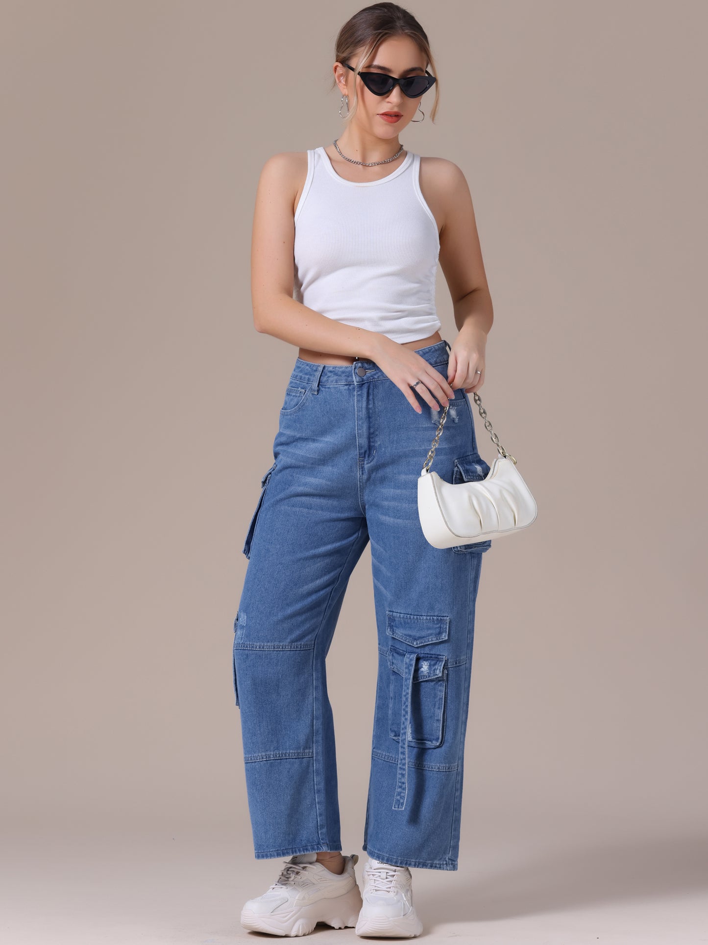 Women's Cargo Jeans Straight Wide Leg High Waist 8 Pockets Casual Baggy Denim Pants
