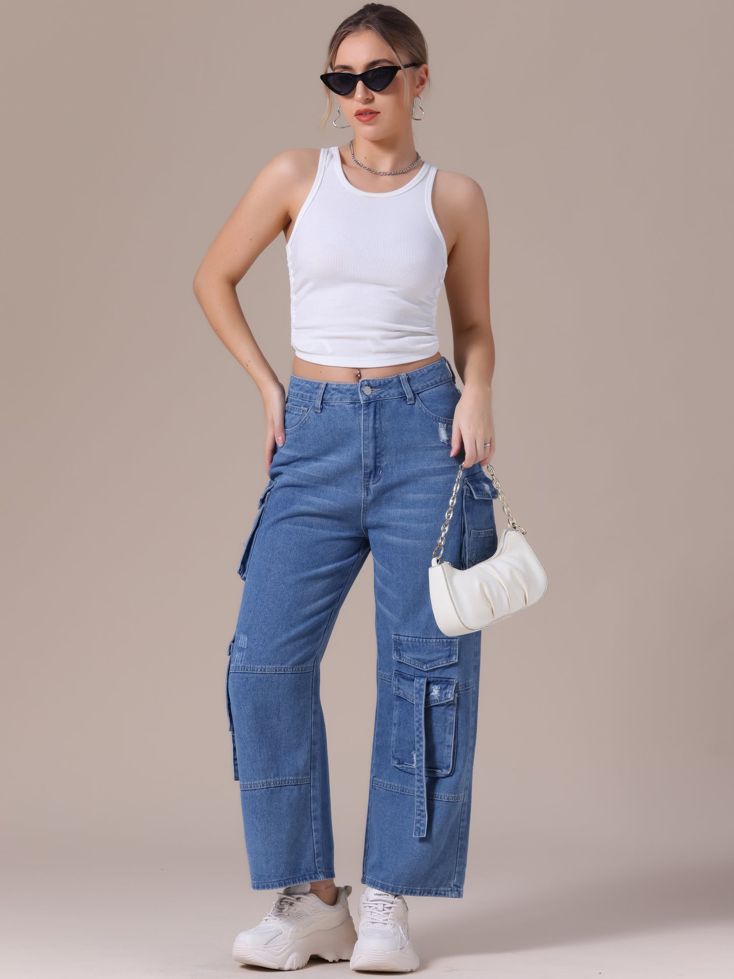 Women's Cargo Jeans Straight Wide Leg High Waist 8 Pockets Casual Baggy Denim Pants