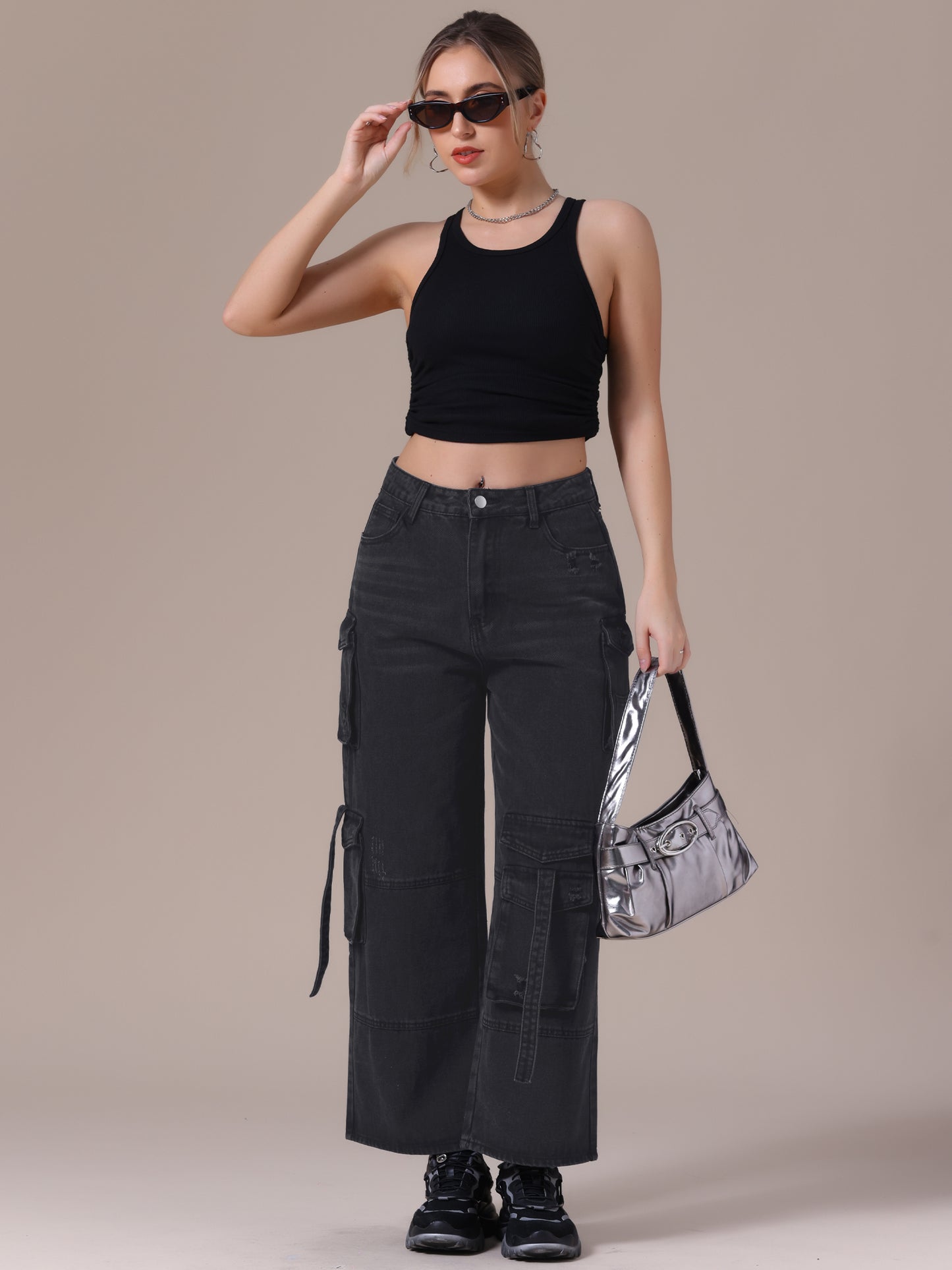 Pantalones vaqueros cargo para mujer, rectos, anchos, de cintura alta, con 8 bolsillos, informales, holgados