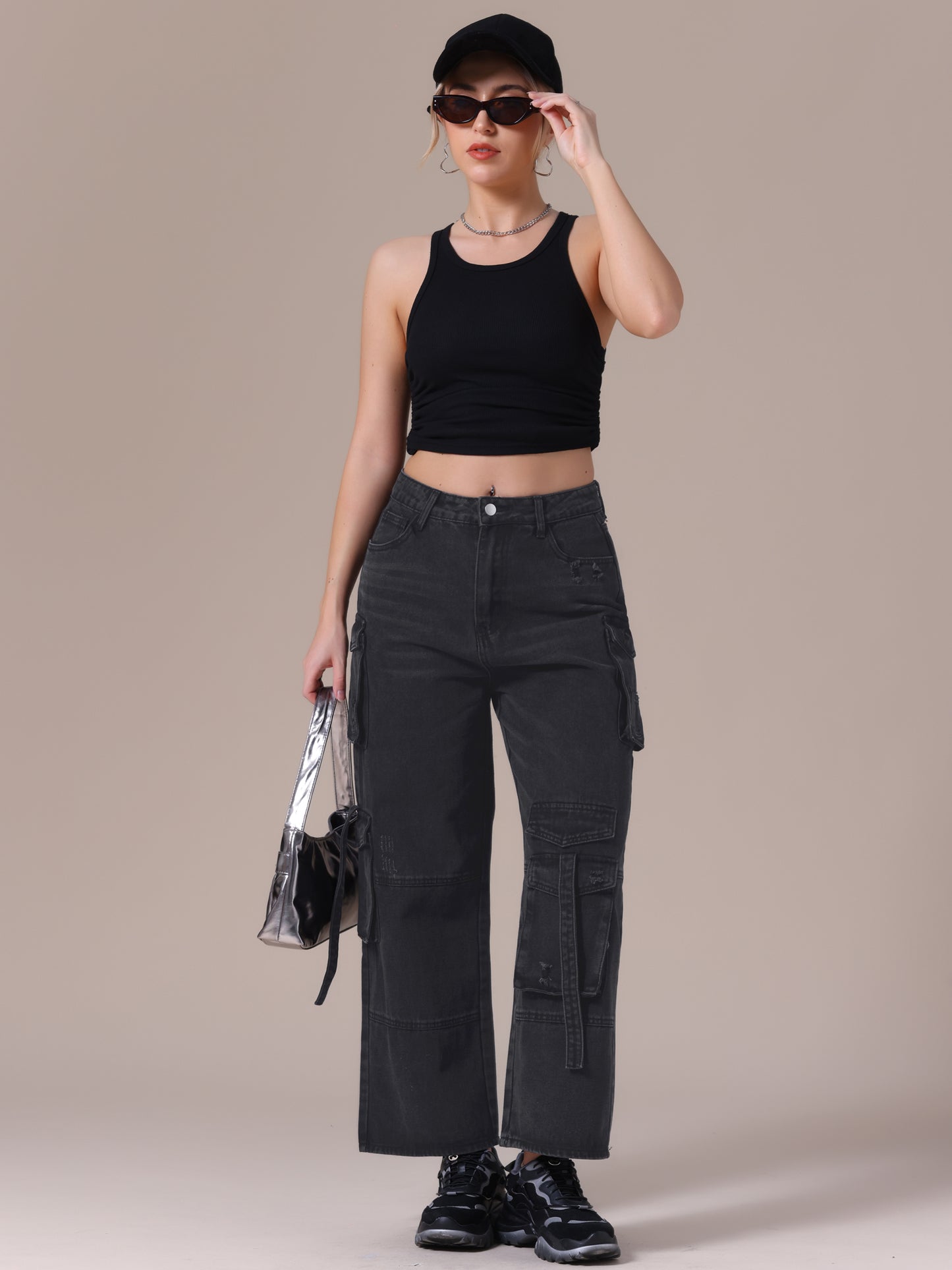 Pantalones vaqueros cargo para mujer, rectos, anchos, de cintura alta, con 8 bolsillos, informales, holgados