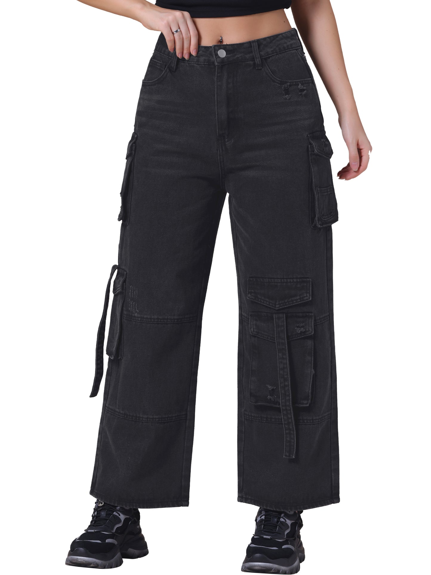 Pantalones vaqueros cargo para mujer, rectos, anchos, de cintura alta, con 8 bolsillos, informales, holgados