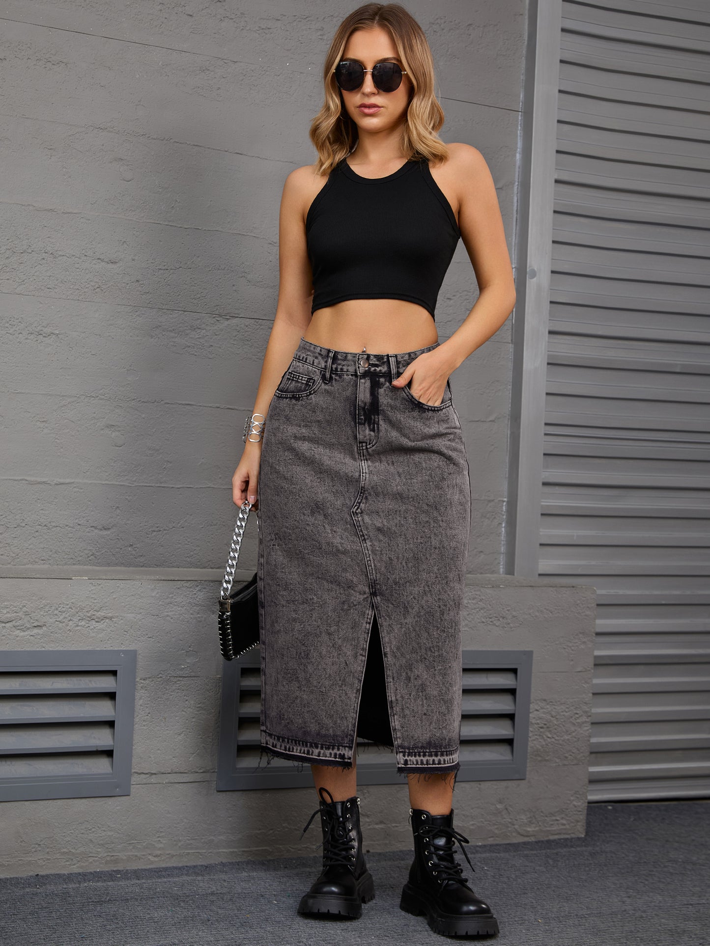 Women's Denim High Waist Front Slit Raw Trim Hem Pencil Midi Skirt with Pockets
