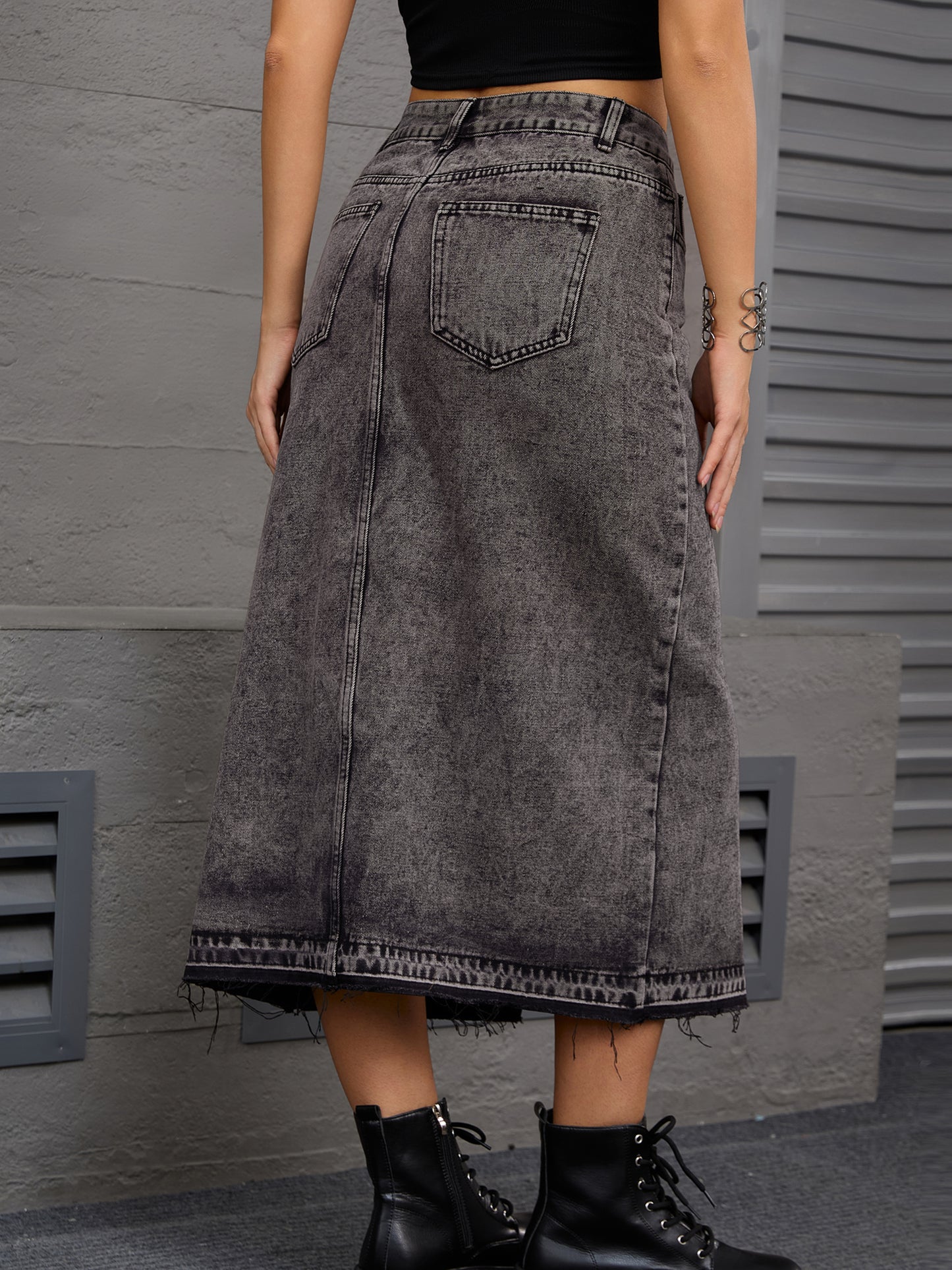 Women's Denim High Waist Front Slit Raw Trim Hem Pencil Midi Skirt with Pockets