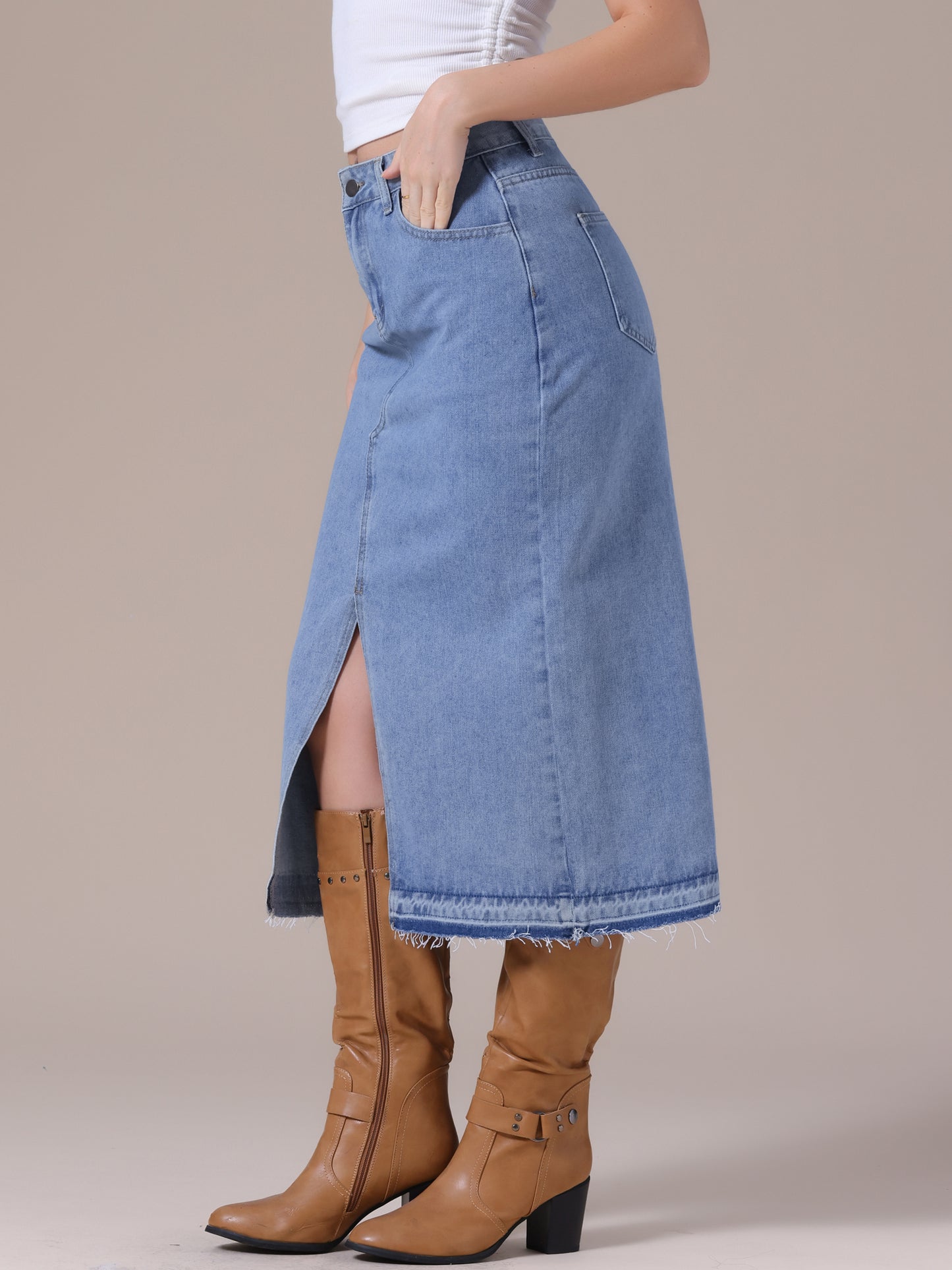 Women's Denim High Waist Front Slit Raw Trim Hem Pencil Midi Skirt with Pockets