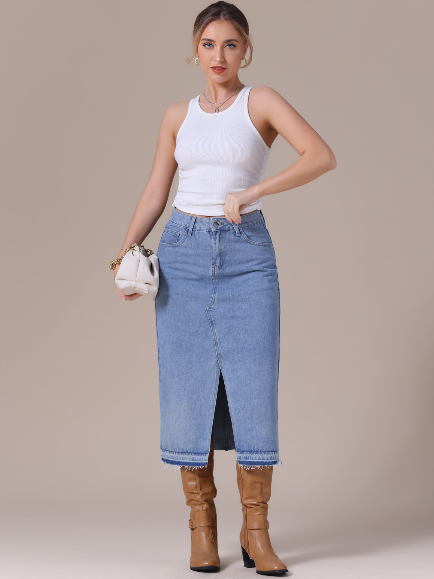 Women's Denim High Waist Front Slit Raw Trim Hem Pencil Midi Skirt with Pockets