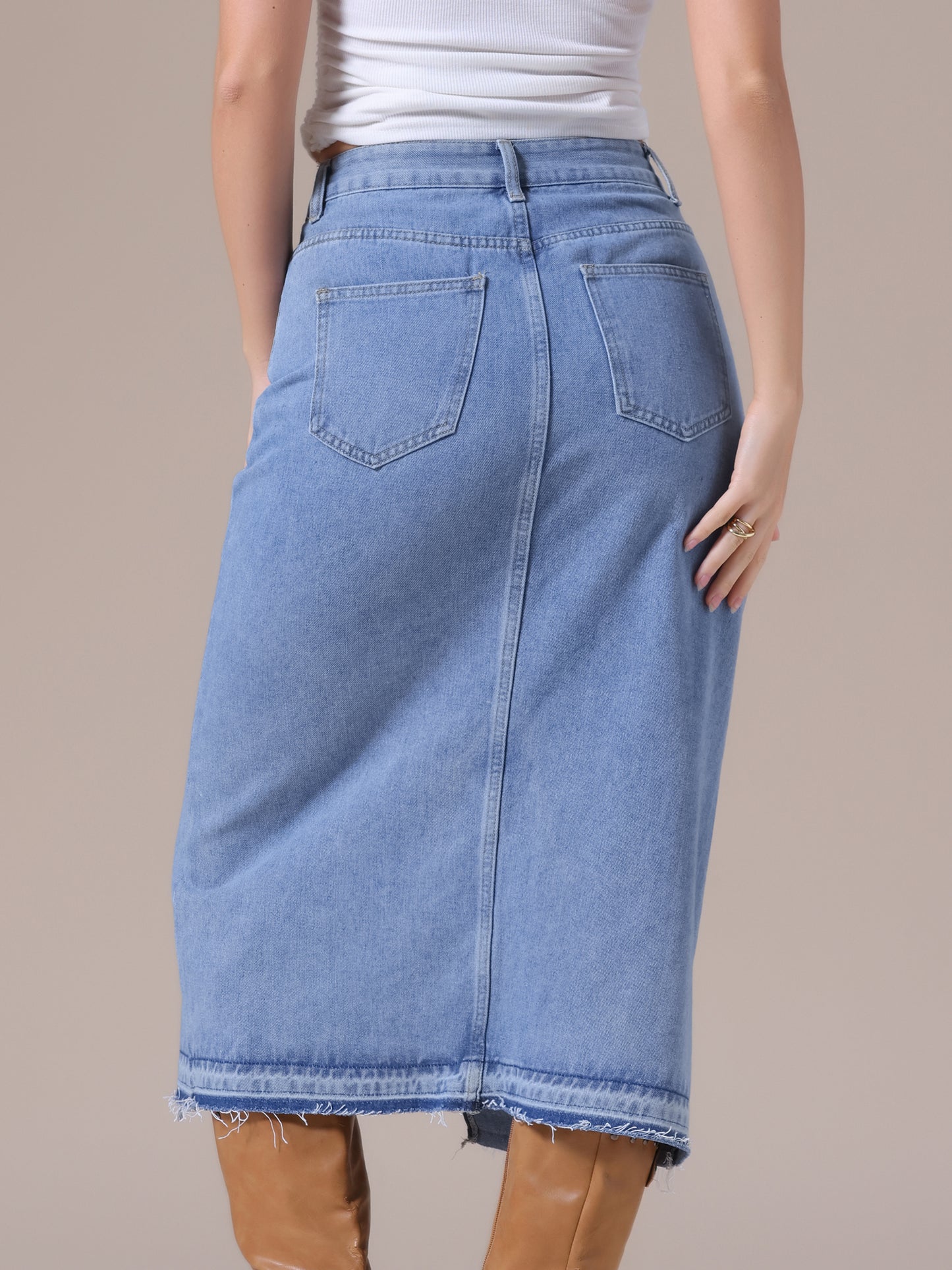 Women's Denim High Waist Front Slit Raw Trim Hem Pencil Midi Skirt with Pockets
