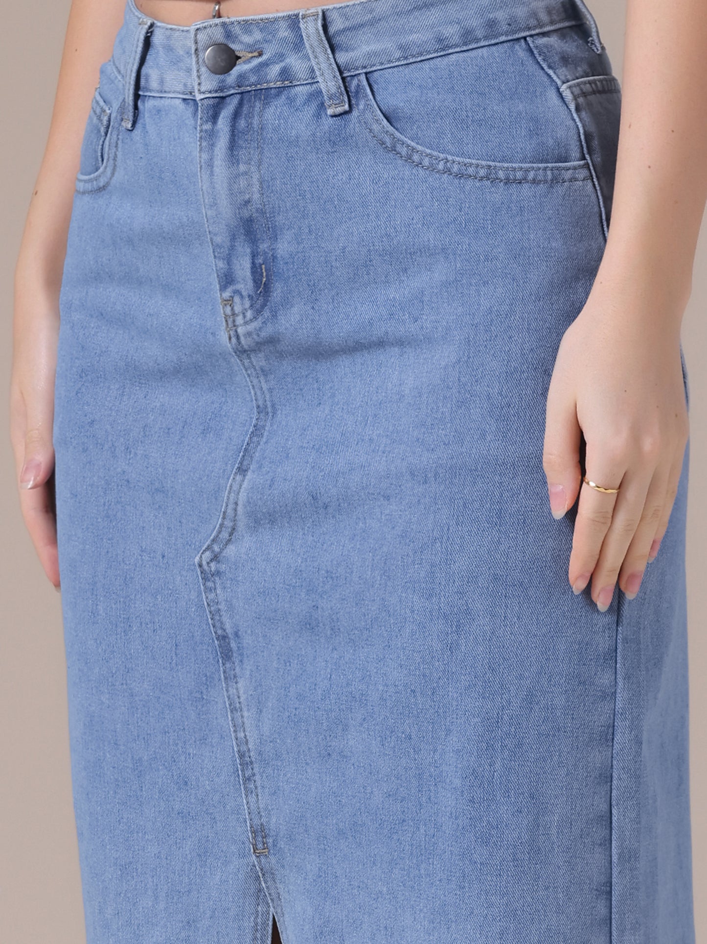Women's Denim High Waist Front Slit Raw Trim Hem Pencil Midi Skirt with Pockets