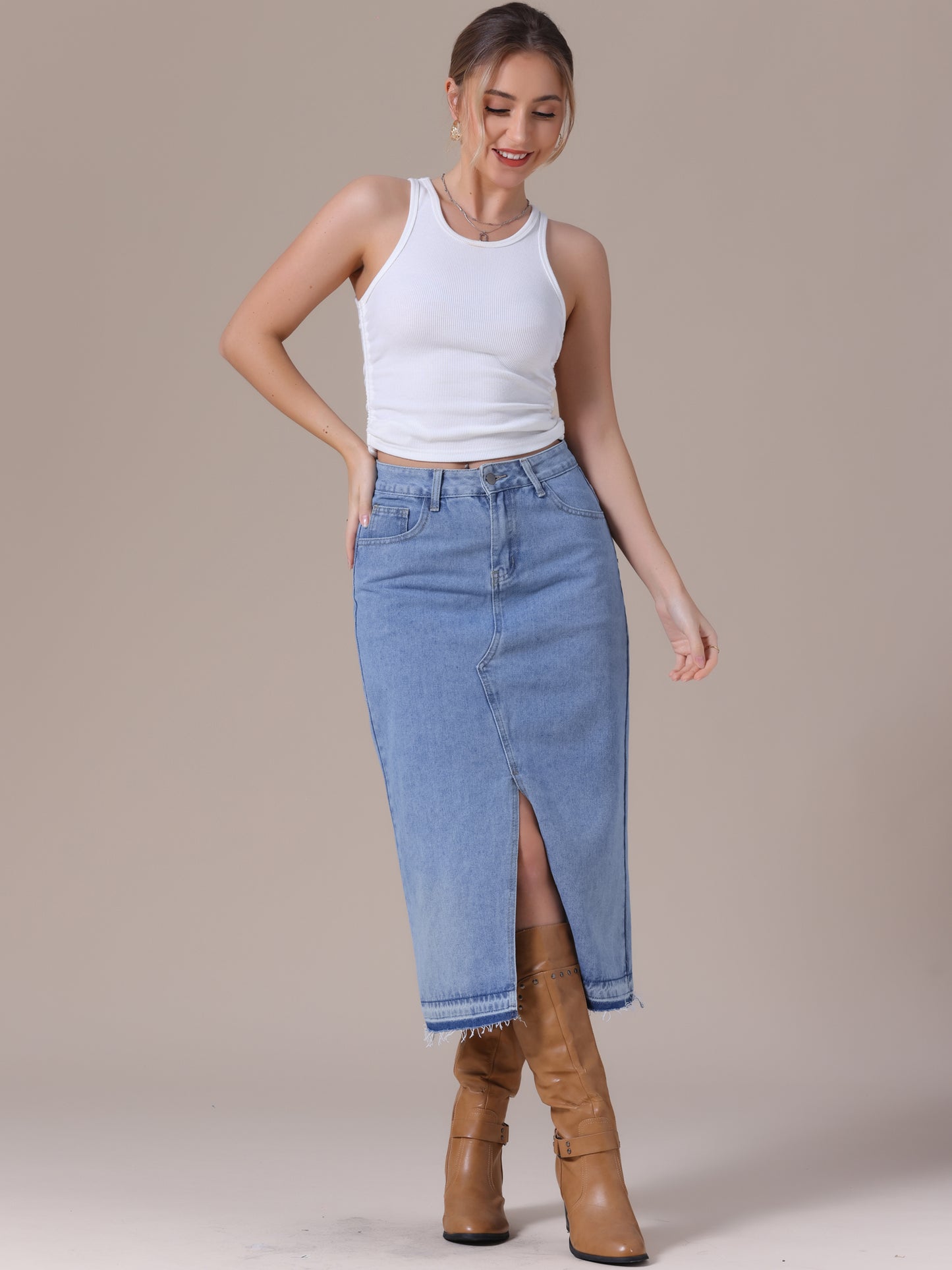 Women's Denim High Waist Front Slit Raw Trim Hem Pencil Midi Skirt with Pockets