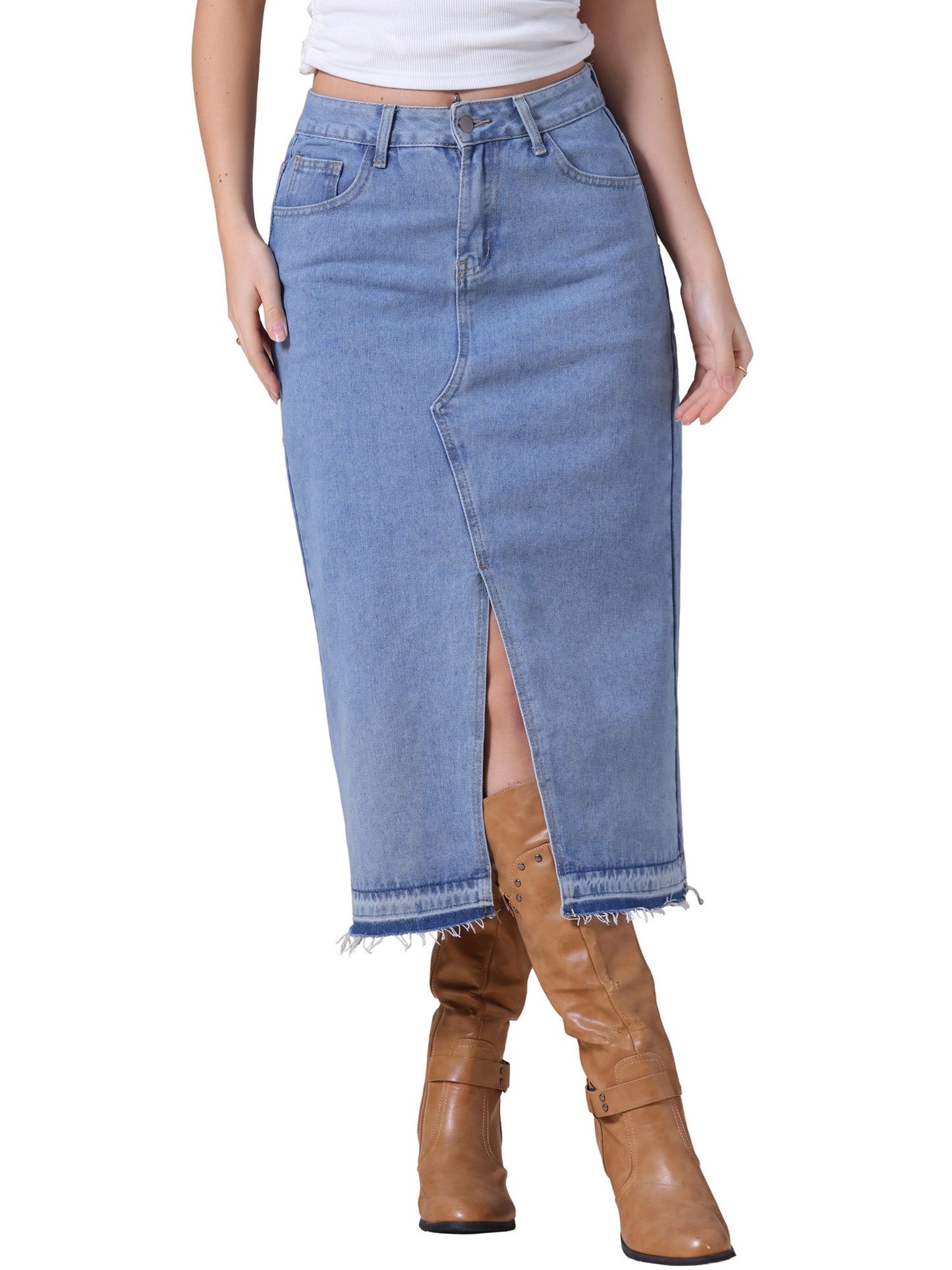 Women's Denim High Waist Front Slit Raw Trim Hem Pencil Midi Skirt with Pockets