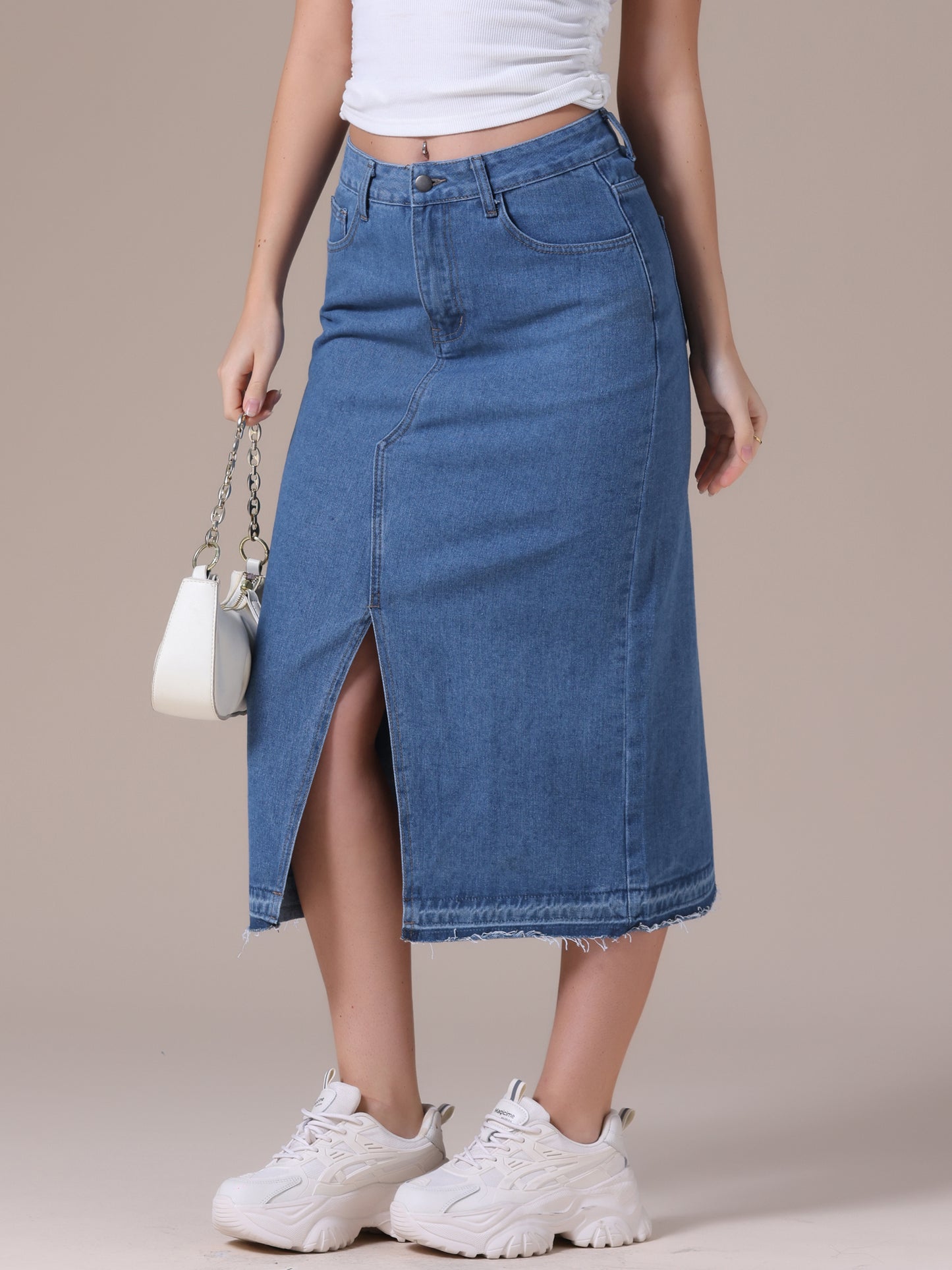 Women's Denim High Waist Front Slit Raw Trim Hem Pencil Midi Skirt with Pockets