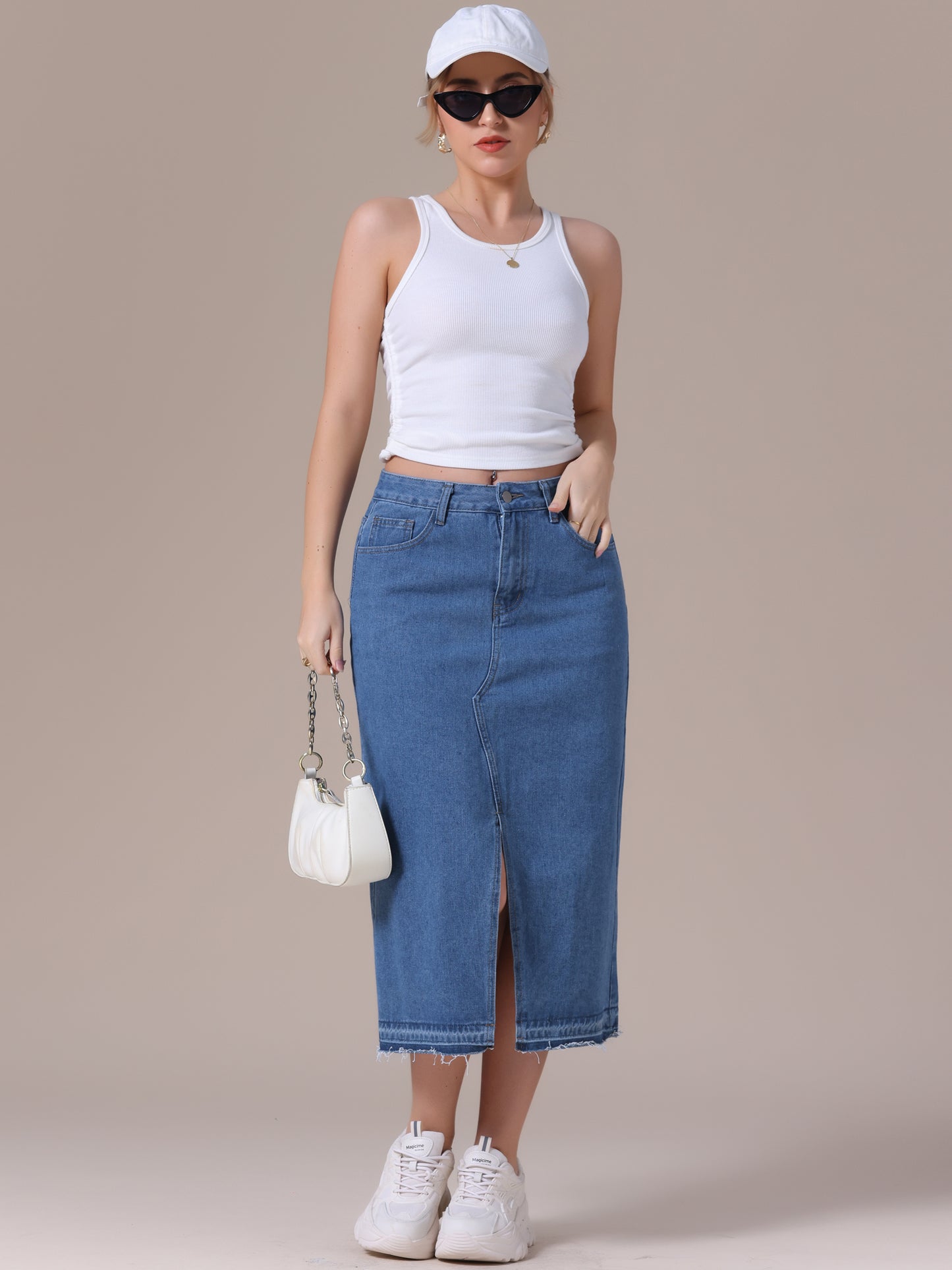 Women's Denim High Waist Front Slit Raw Trim Hem Pencil Midi Skirt with Pockets