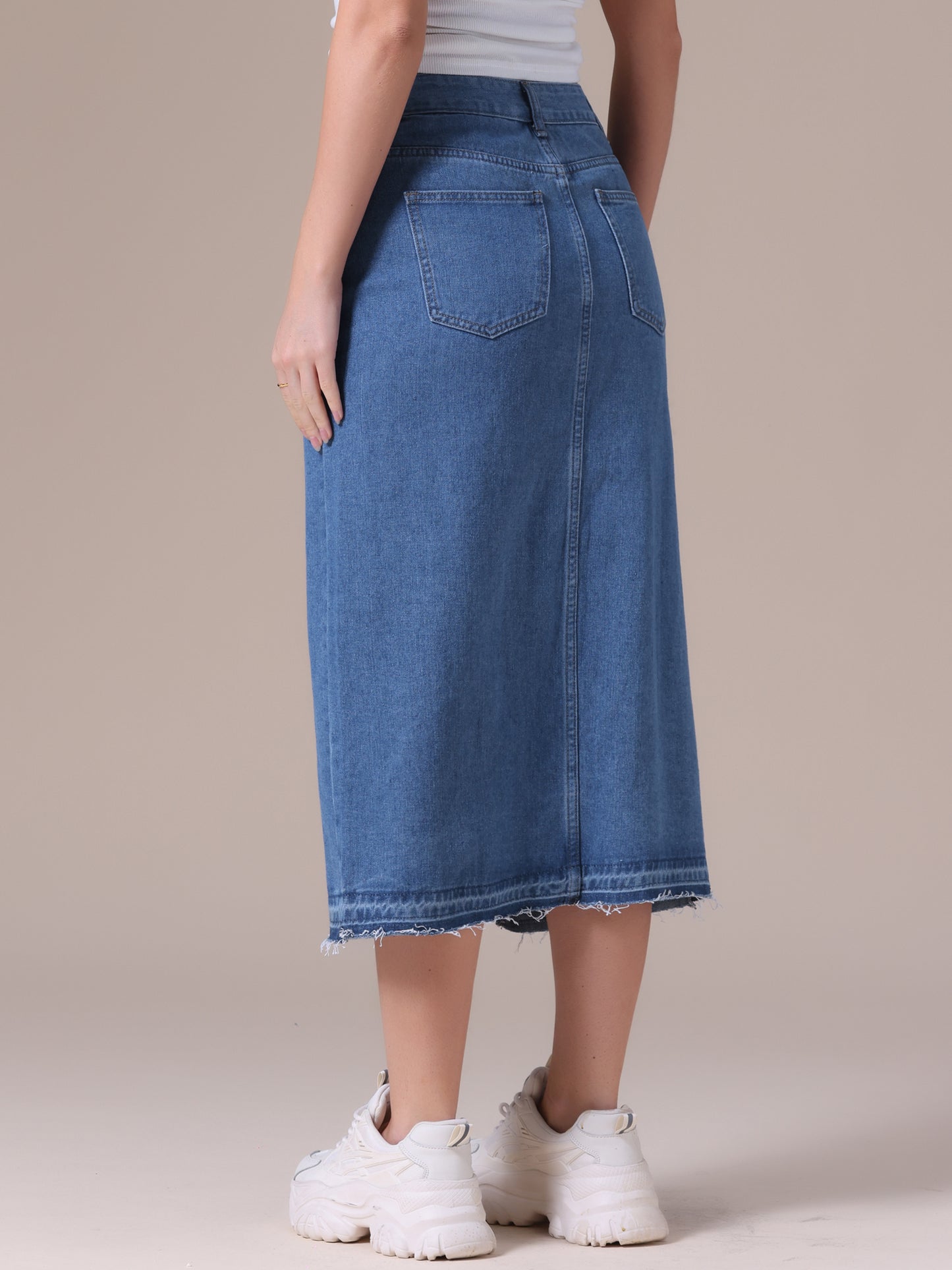 Women's Denim High Waist Front Slit Raw Trim Hem Pencil Midi Skirt with Pockets