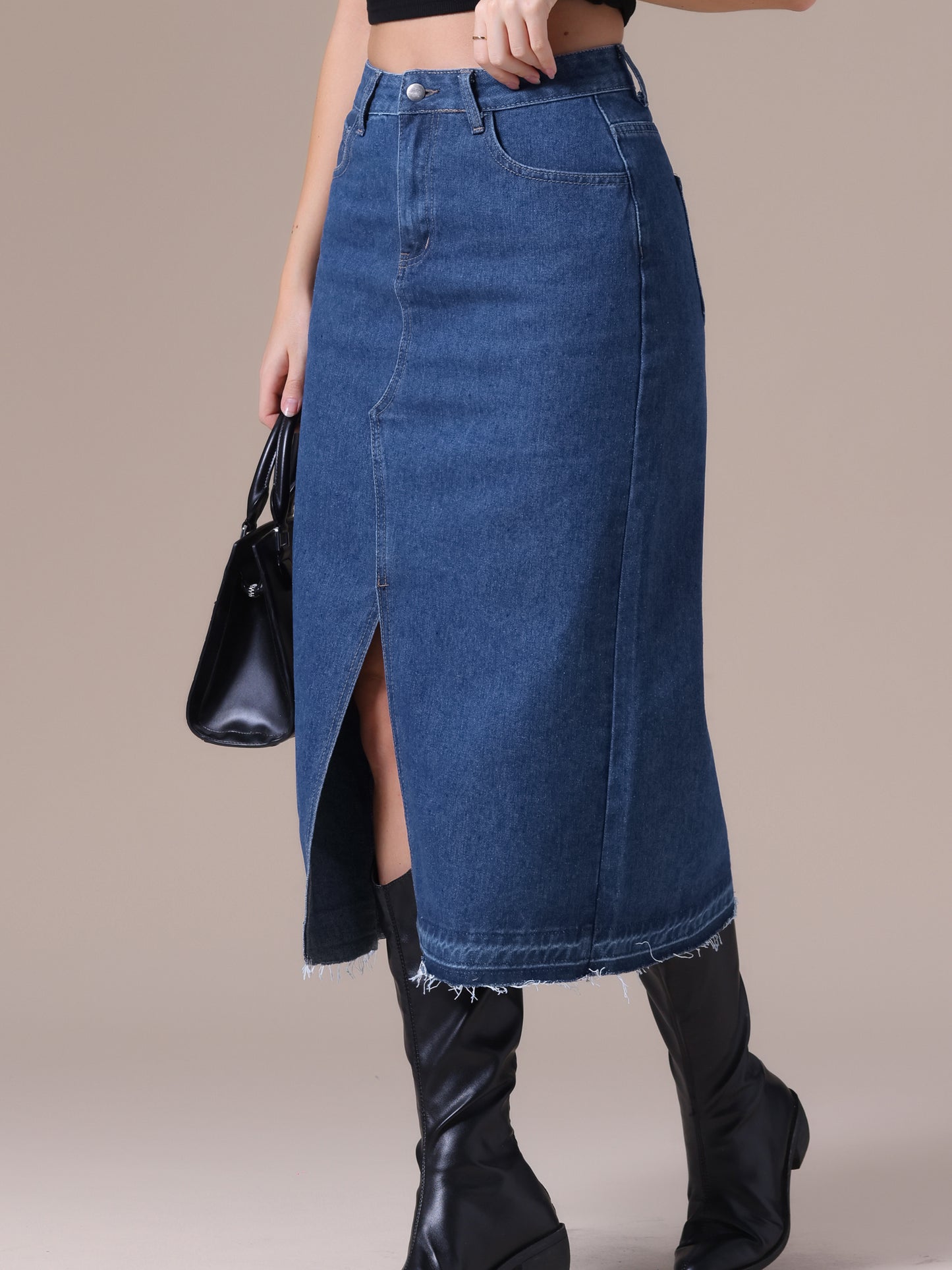 Women's Denim High Waist Front Slit Raw Trim Hem Pencil Midi Skirt with Pockets