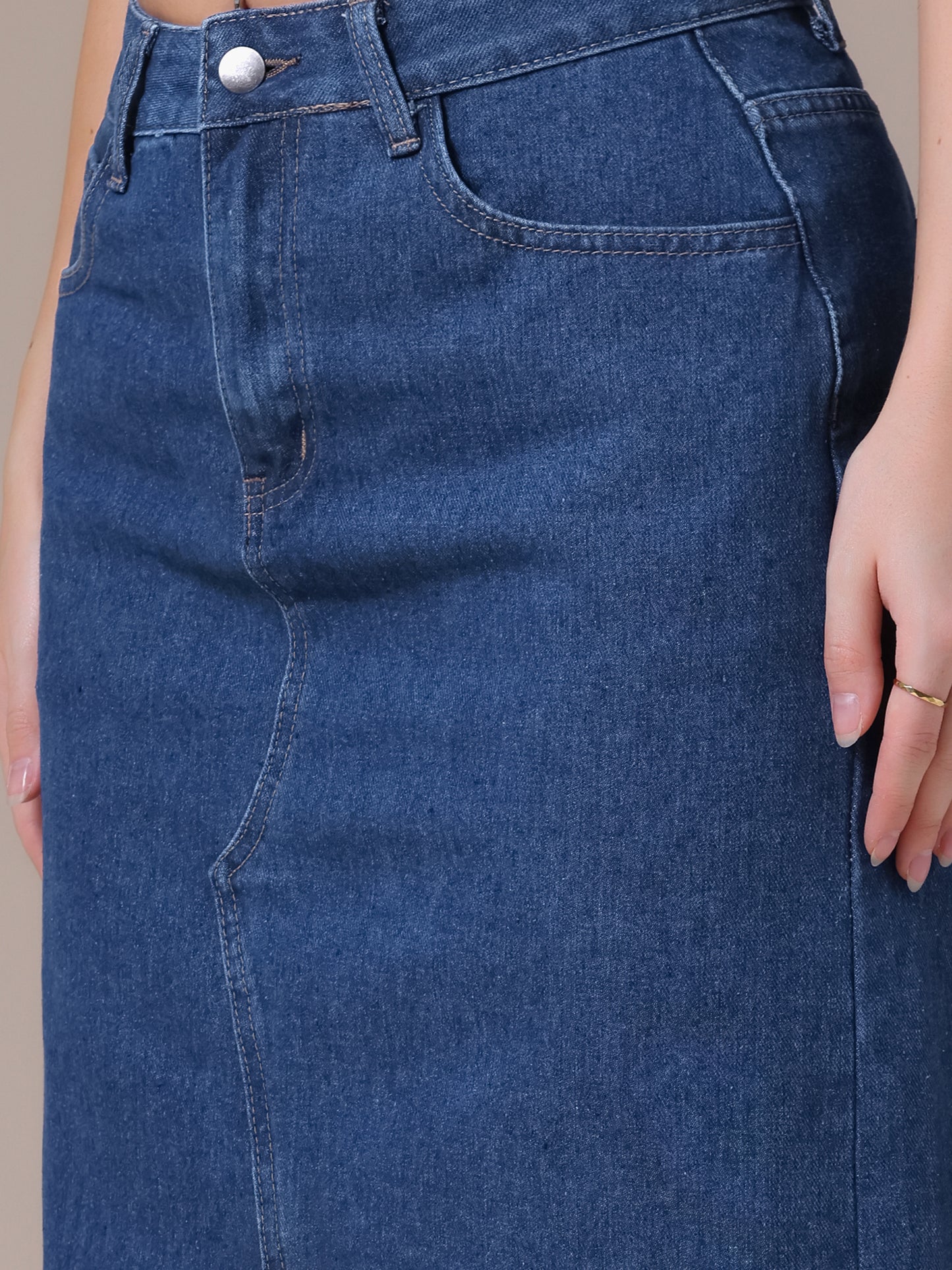 Women's Denim High Waist Front Slit Raw Trim Hem Pencil Midi Skirt with Pockets