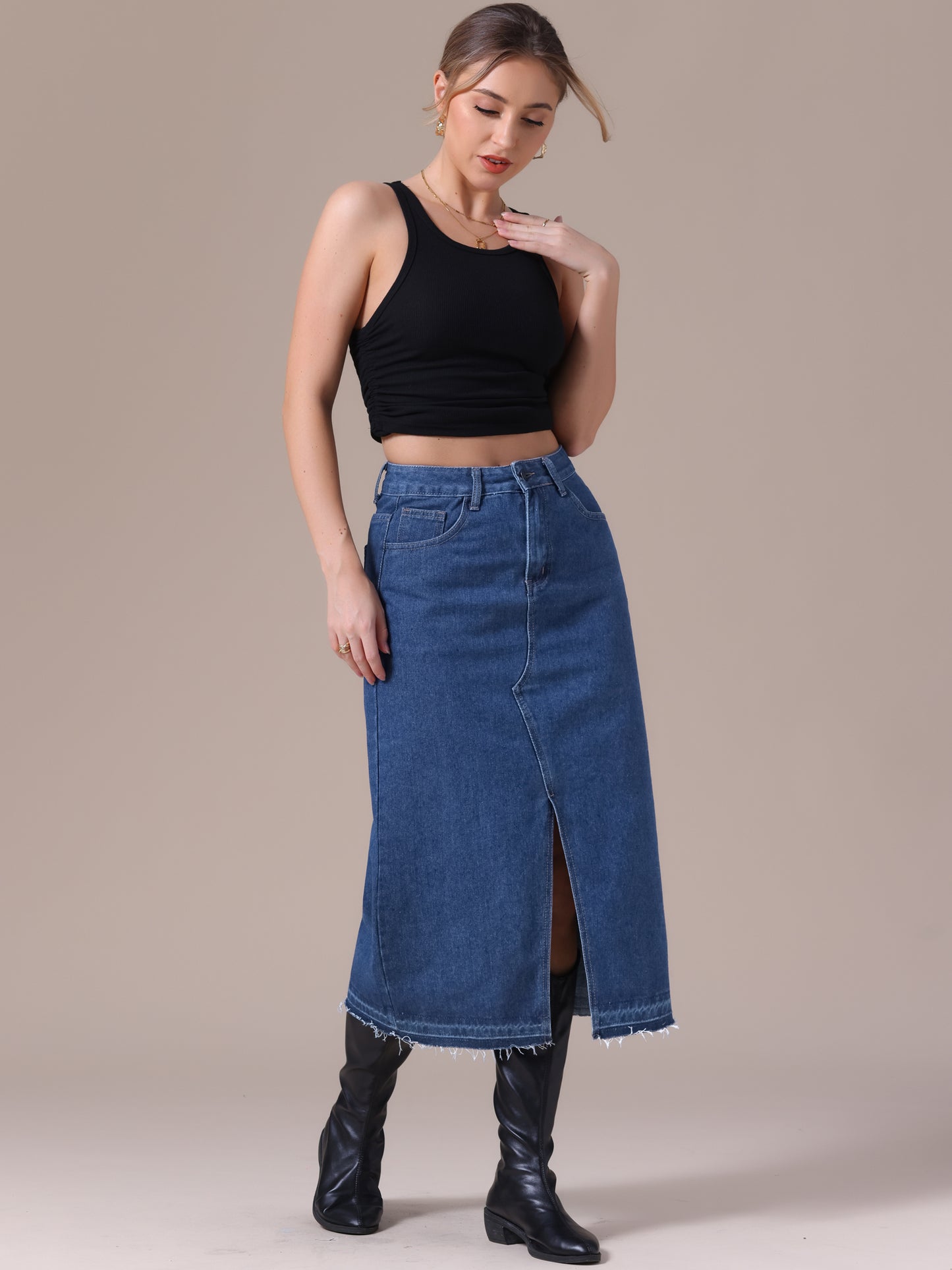 Women's Denim High Waist Front Slit Raw Trim Hem Pencil Midi Skirt with Pockets