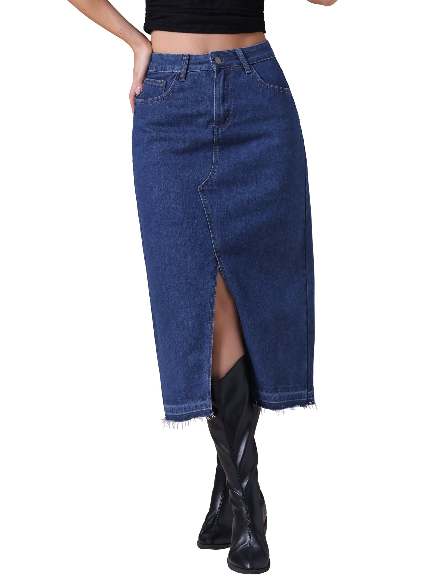 Women's Denim High Waist Front Slit Raw Trim Hem Pencil Midi Skirt with Pockets