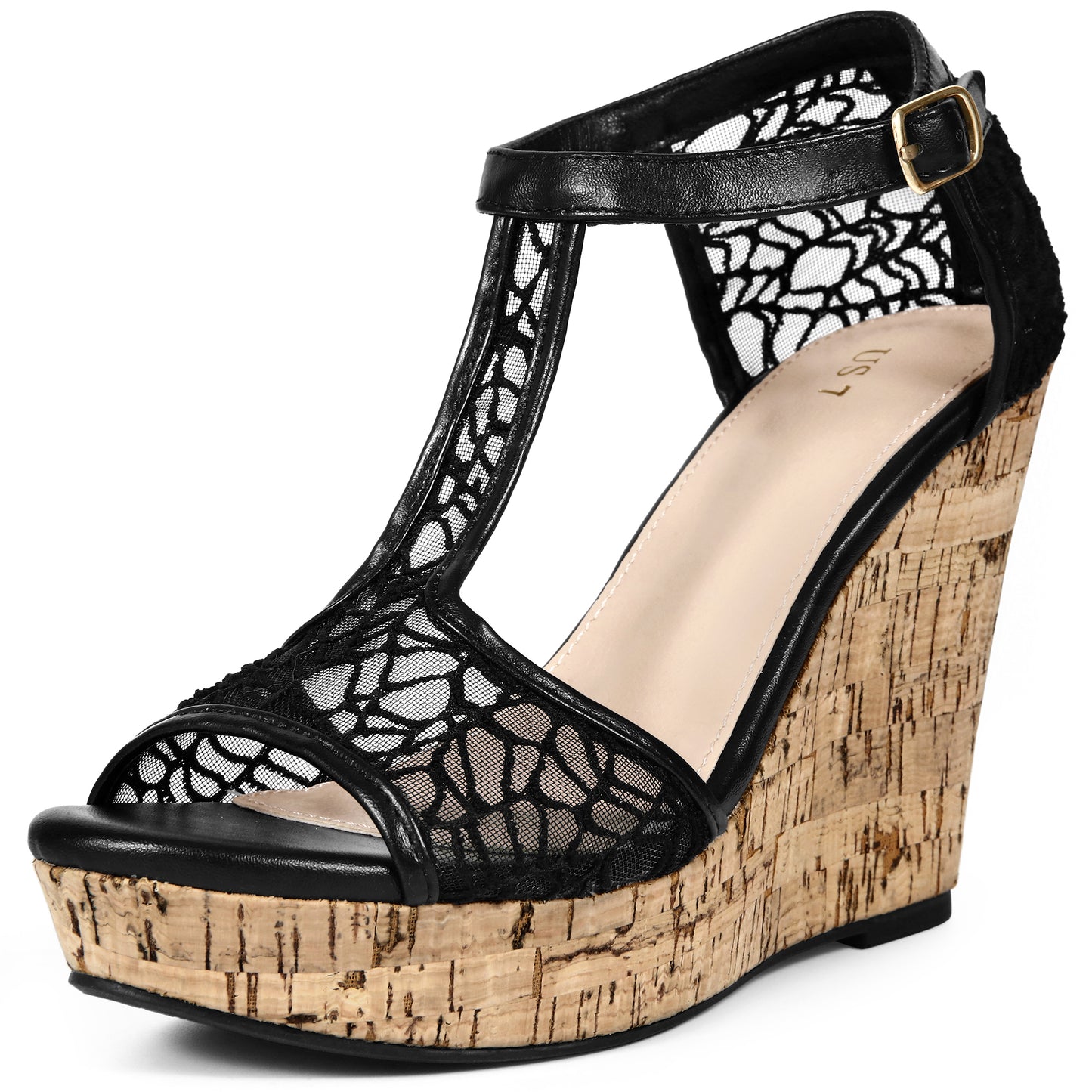 Sandalias de cuña con plataforma y encaje para mujer, con punta abierta y tira en T.