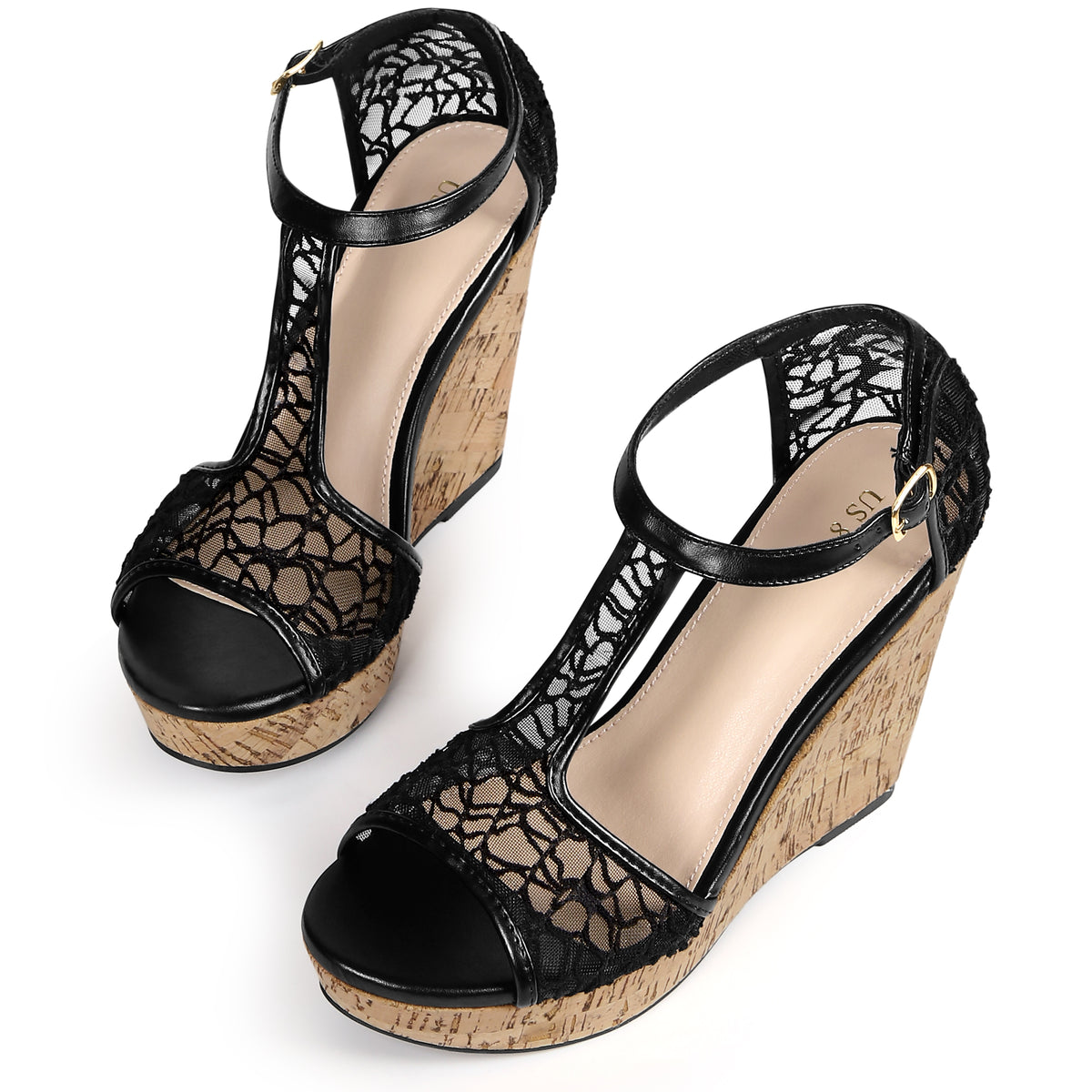 Women Lace Platform Wedges Open Toe T-Strap Wedge Heels Sandals