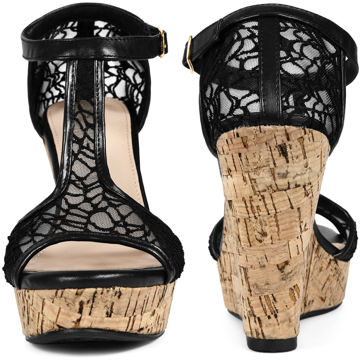 Women Lace Platform Wedges Open Toe T-Strap Wedge Heels Sandals