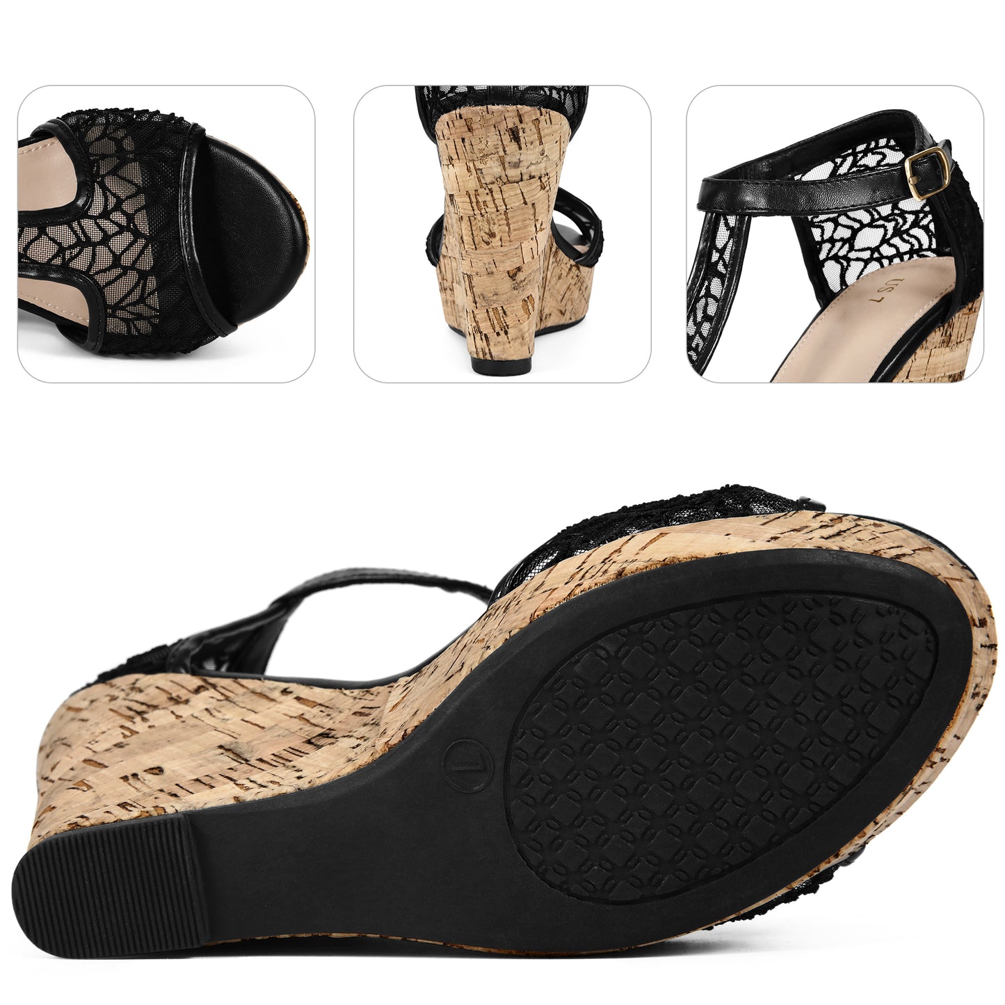 Sandalias de cuña con plataforma y encaje para mujer, con punta abierta y tira en T.