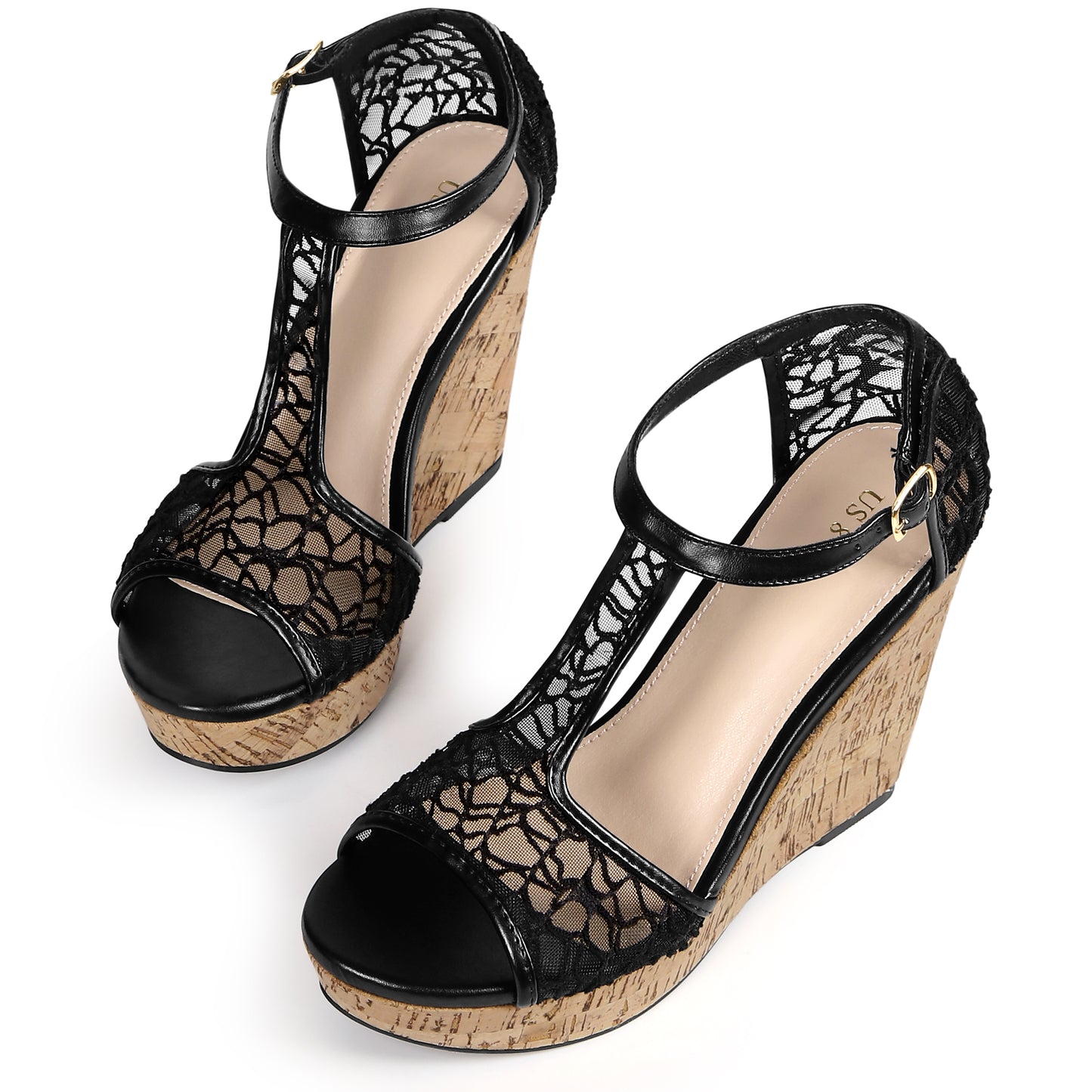 Sandalias de cuña con plataforma y encaje para mujer, con punta abierta y tira en T.