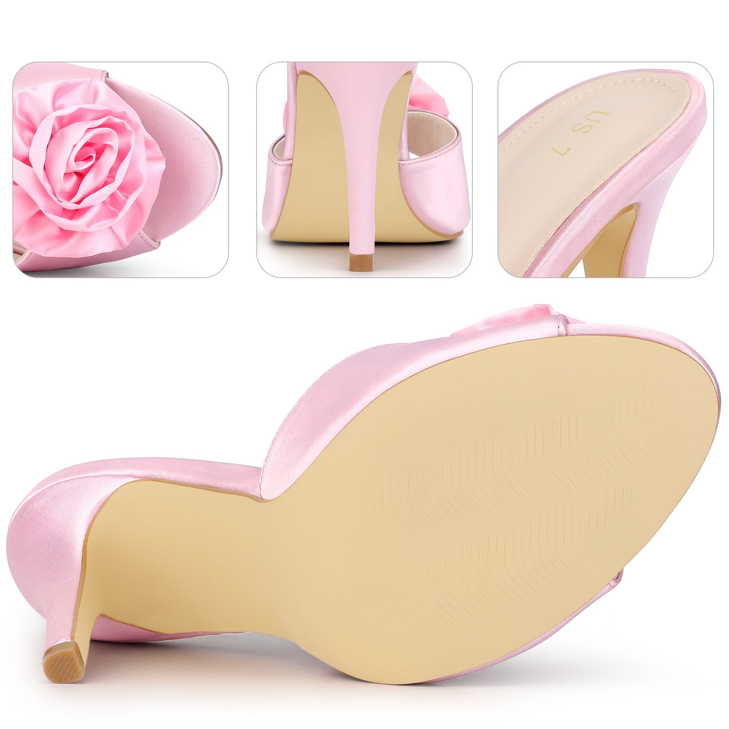 Sandalias de tacón de aguja con puntera abierta y flores para mujer