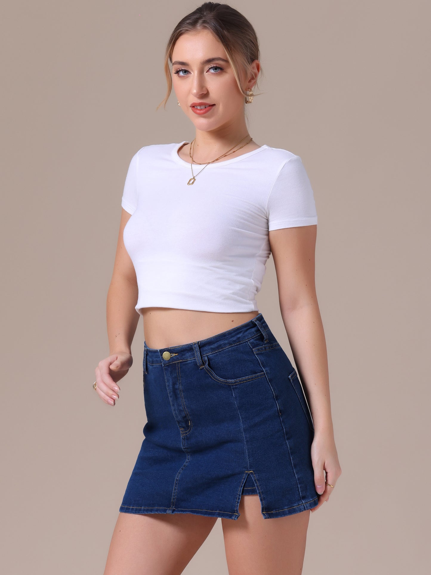 Women's Jean Skorts High Waisted A-Line Stretchy Side Slit Mini Denim Skirt with Shorts