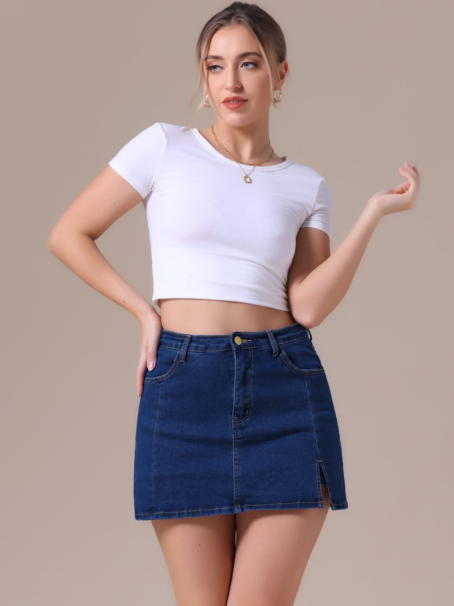 Women's Jean Skorts High Waisted A-Line Stretchy Side Slit Mini Denim Skirt with Shorts