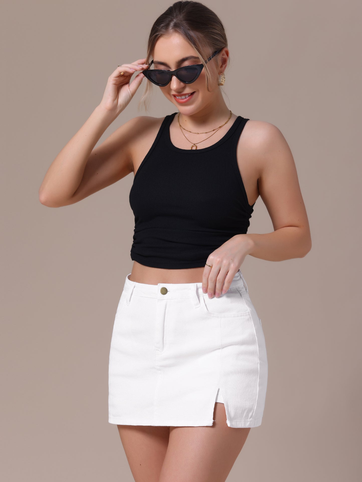 Women's Jean Skorts High Waisted A-Line Stretchy Side Slit Mini Denim Skirt with Shorts