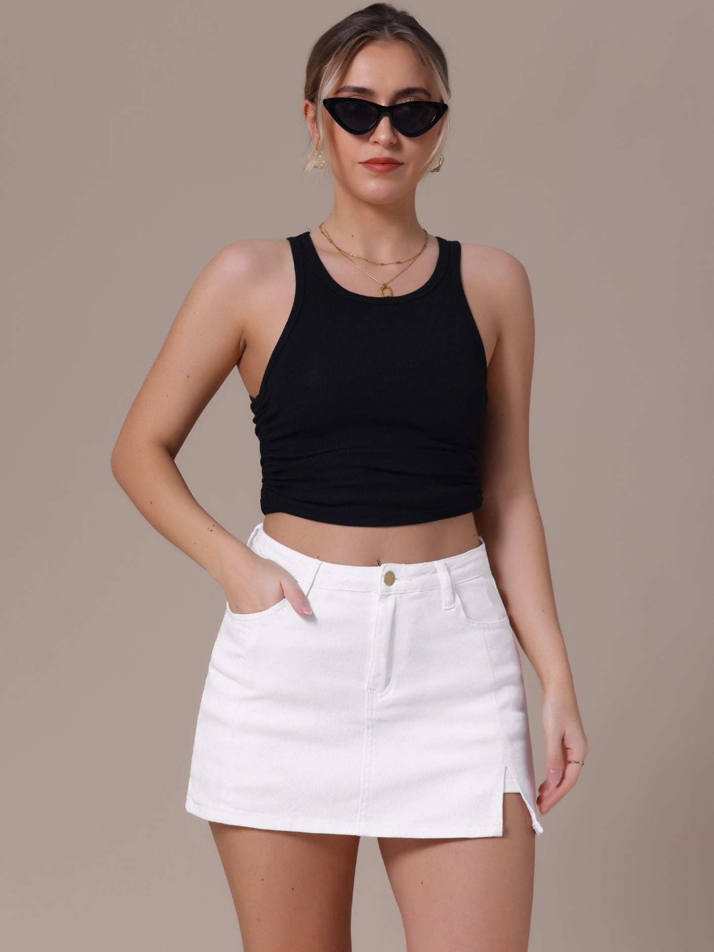 Women's Jean Skorts High Waisted A-Line Stretchy Side Slit Mini Denim Skirt with Shorts
