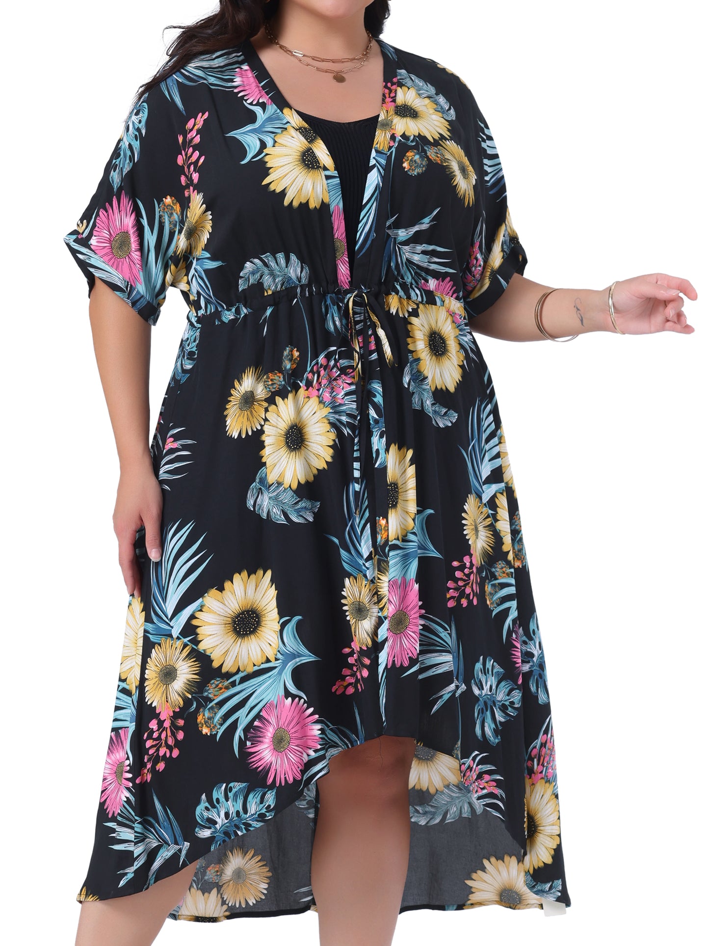 Women Plus Size Cover Up Floral Print Short Sleeve Kimono Tie Front Beach Wear Cardigan