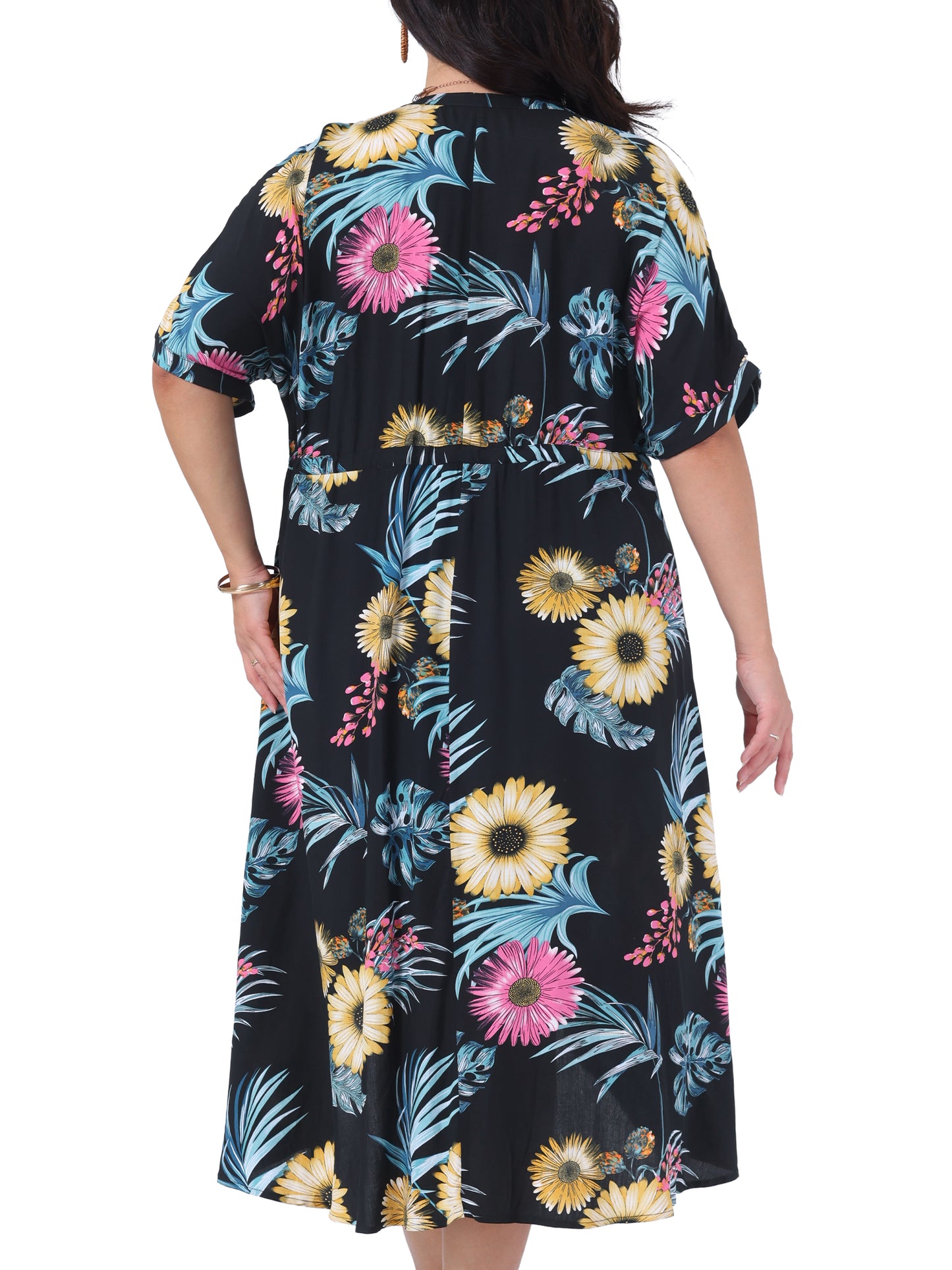 Women Plus Size Cover Up Floral Print Short Sleeve Kimono Tie Front Beach Wear Cardigan