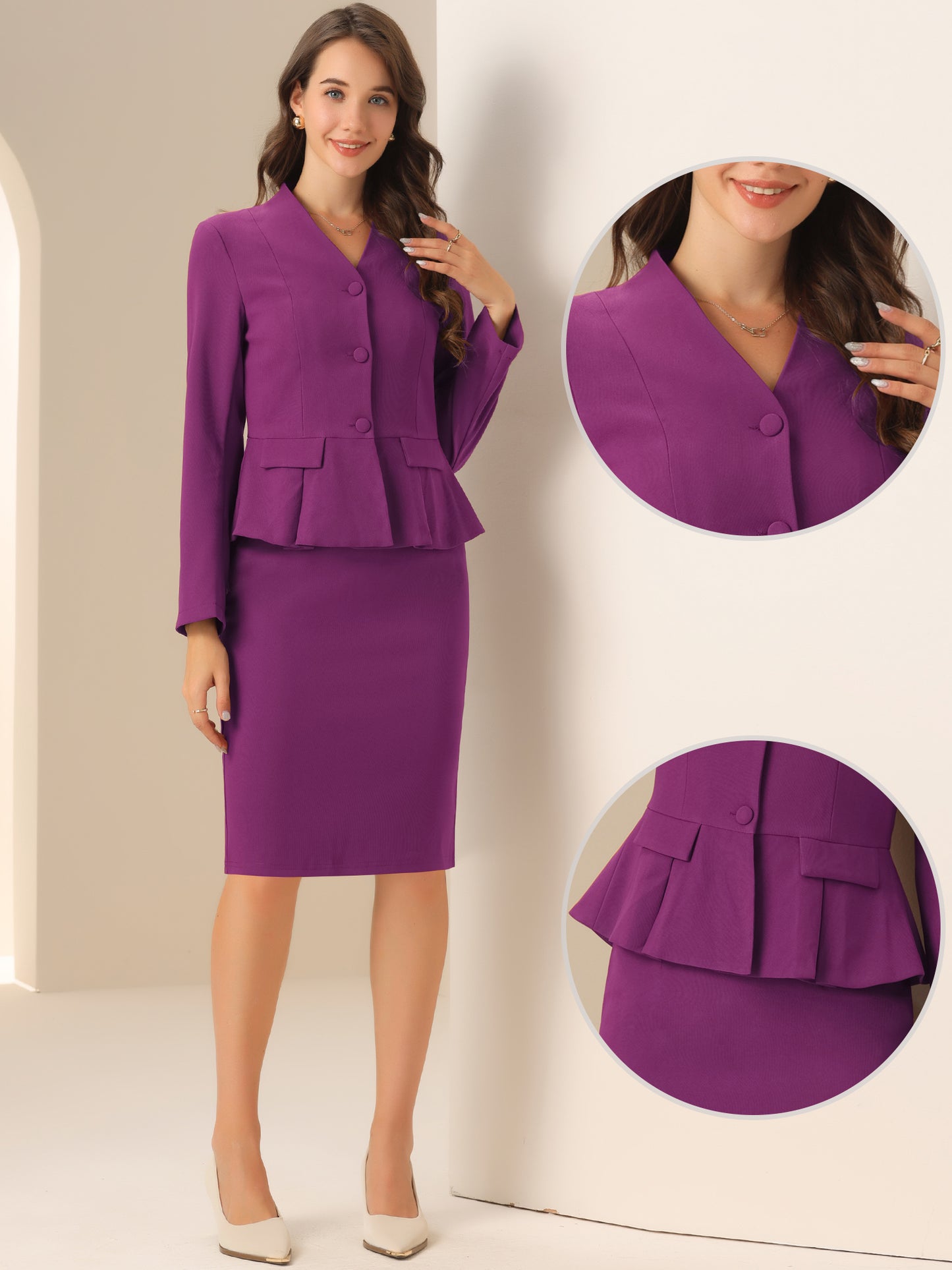 Women's Business 2 Piece Suit Set Long Sleeve Collarless Peplum Blazer Pencil Skirt