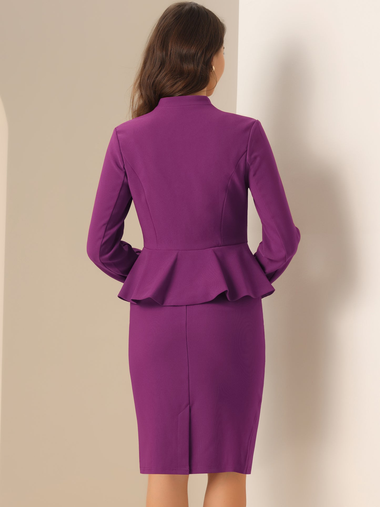 Women's Business 2 Piece Suit Set Long Sleeve Collarless Peplum Blazer Pencil Skirt
