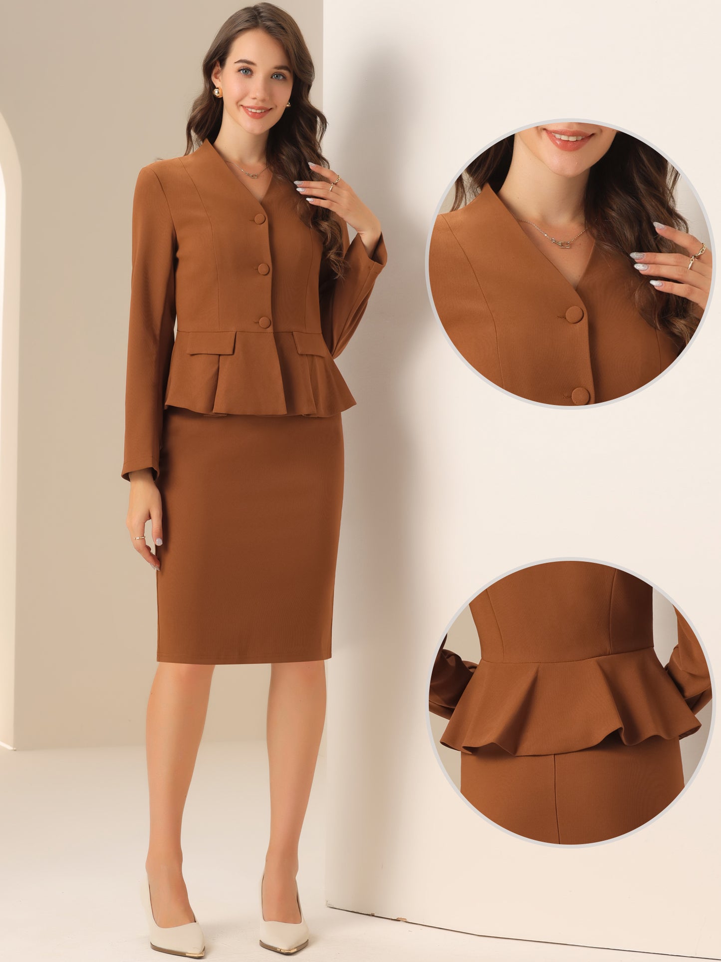 Women's Business 2 Piece Suit Set Long Sleeve Collarless Peplum Blazer Pencil Skirt