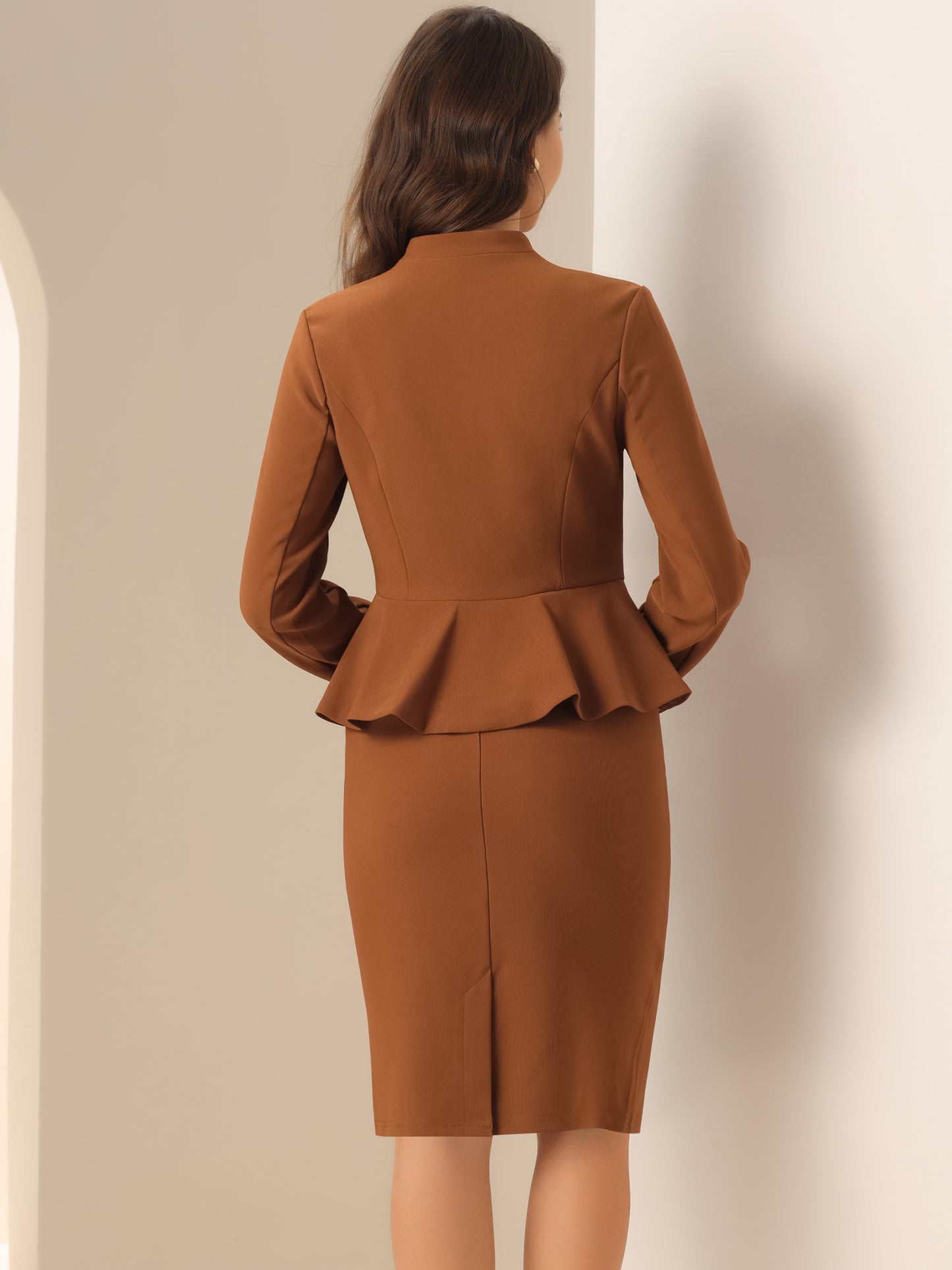 Women's Business 2 Piece Suit Set Long Sleeve Collarless Peplum Blazer Pencil Skirt