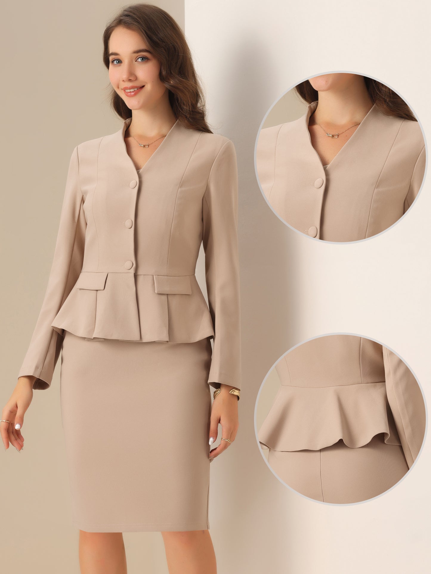 Women's Business 2 Piece Suit Set Long Sleeve Collarless Peplum Blazer Pencil Skirt