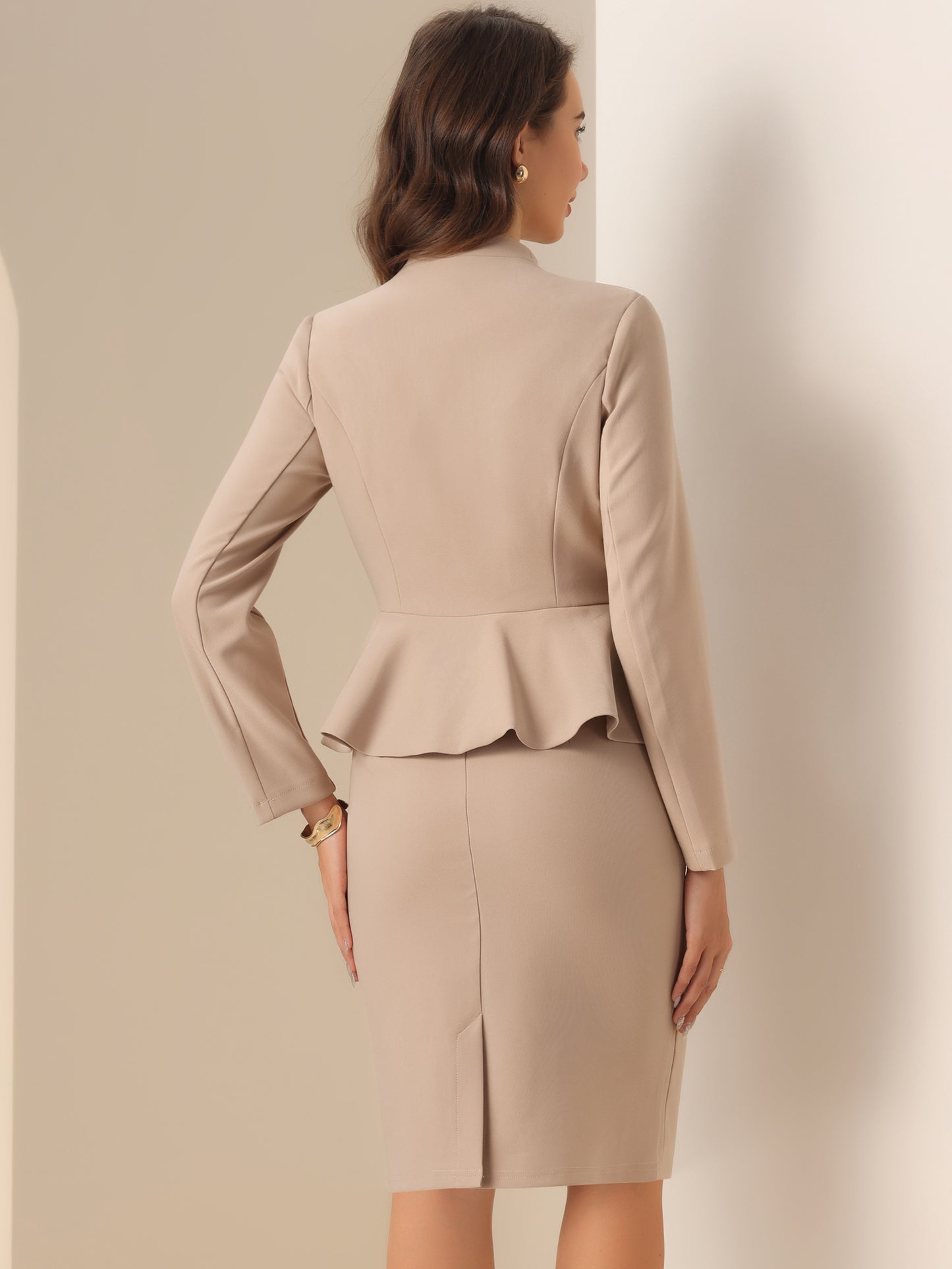 Women's Business 2 Piece Suit Set Long Sleeve Collarless Peplum Blazer Pencil Skirt