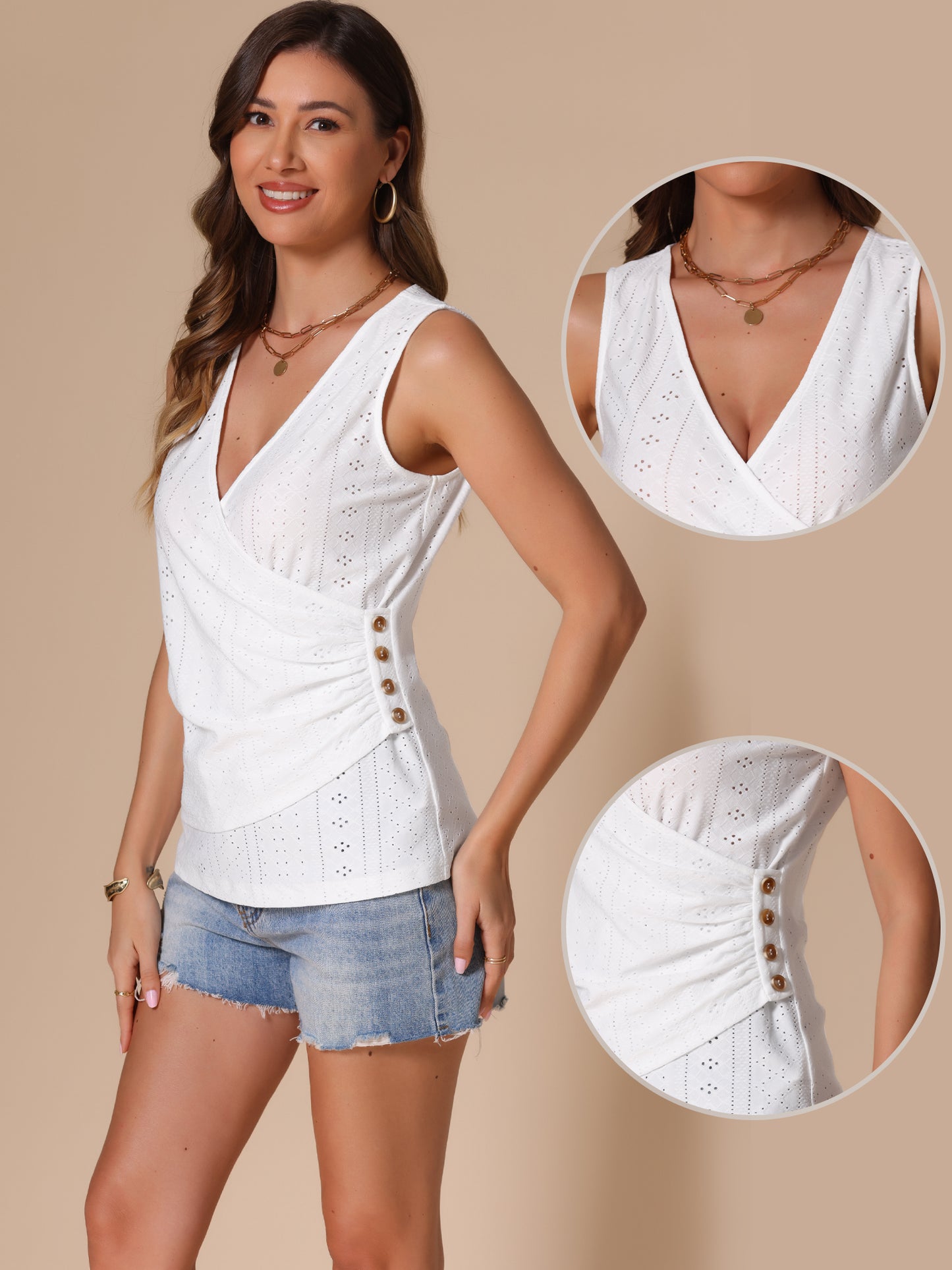 Women's Deep V Neck Tops Sleeveless Wrap Ruched Button Decor Causal Tank Tops