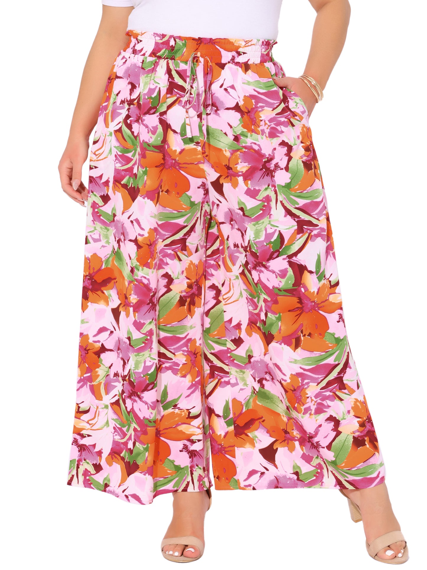 Women's Plus Size Casual Wide Leg Pants Boho Summer Floral Palazzo Pants Flowy Beach Trousers with Pocket