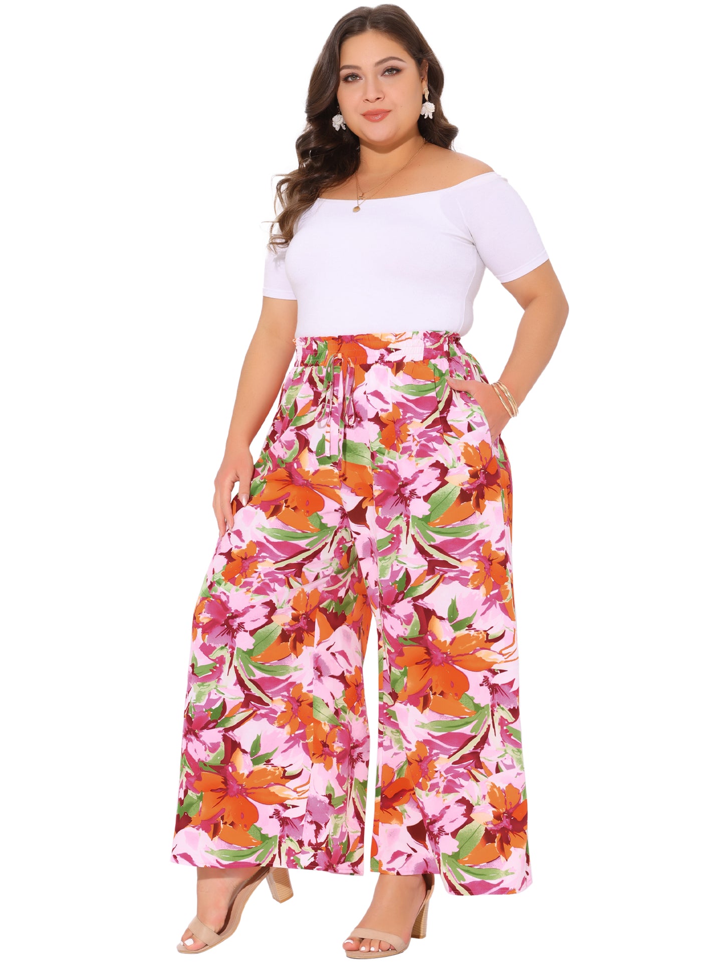 Women's Plus Size Casual Wide Leg Pants Boho Summer Floral Palazzo Pants Flowy Beach Trousers with Pocket