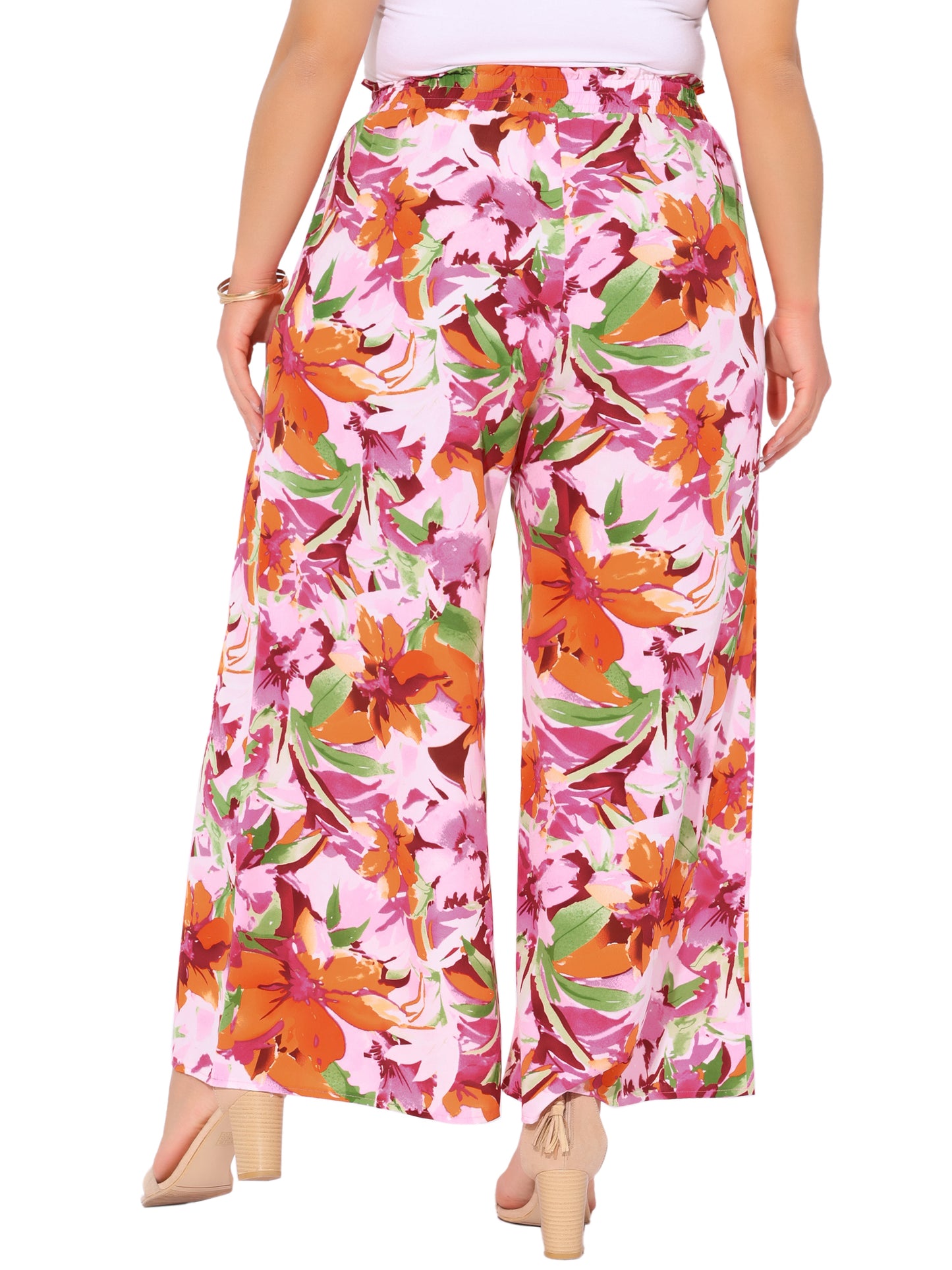 Women's Plus Size Casual Wide Leg Pants Boho Summer Floral Palazzo Pants Flowy Beach Trousers with Pocket