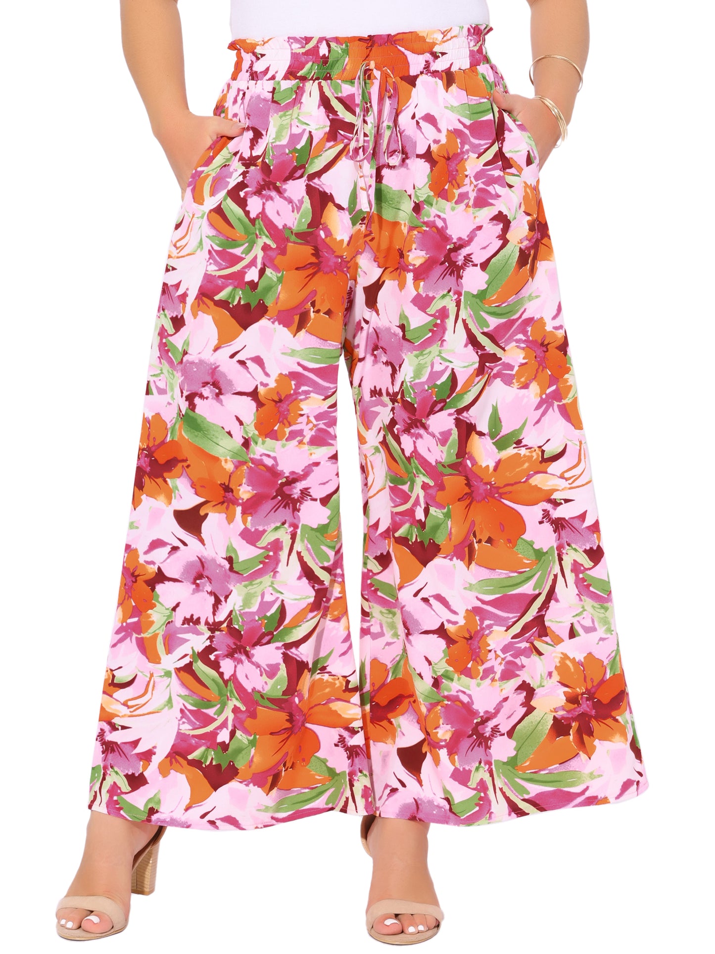 Women's Plus Size Casual Wide Leg Pants Boho Summer Floral Palazzo Pants Flowy Beach Trousers with Pocket