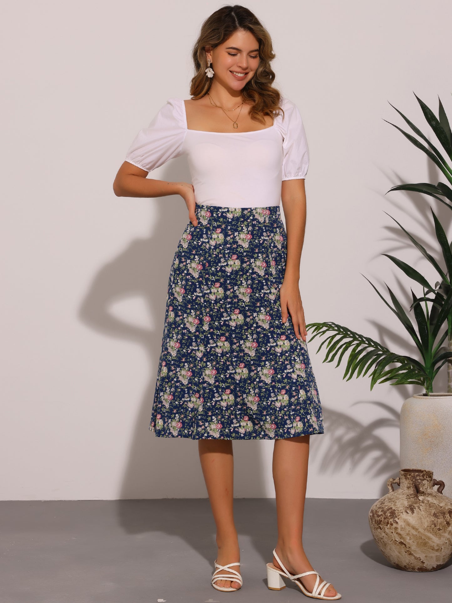 Women's Floral Midi Skirt Peasant Elastic Waist A-Line Ditsy Printed Skirts
