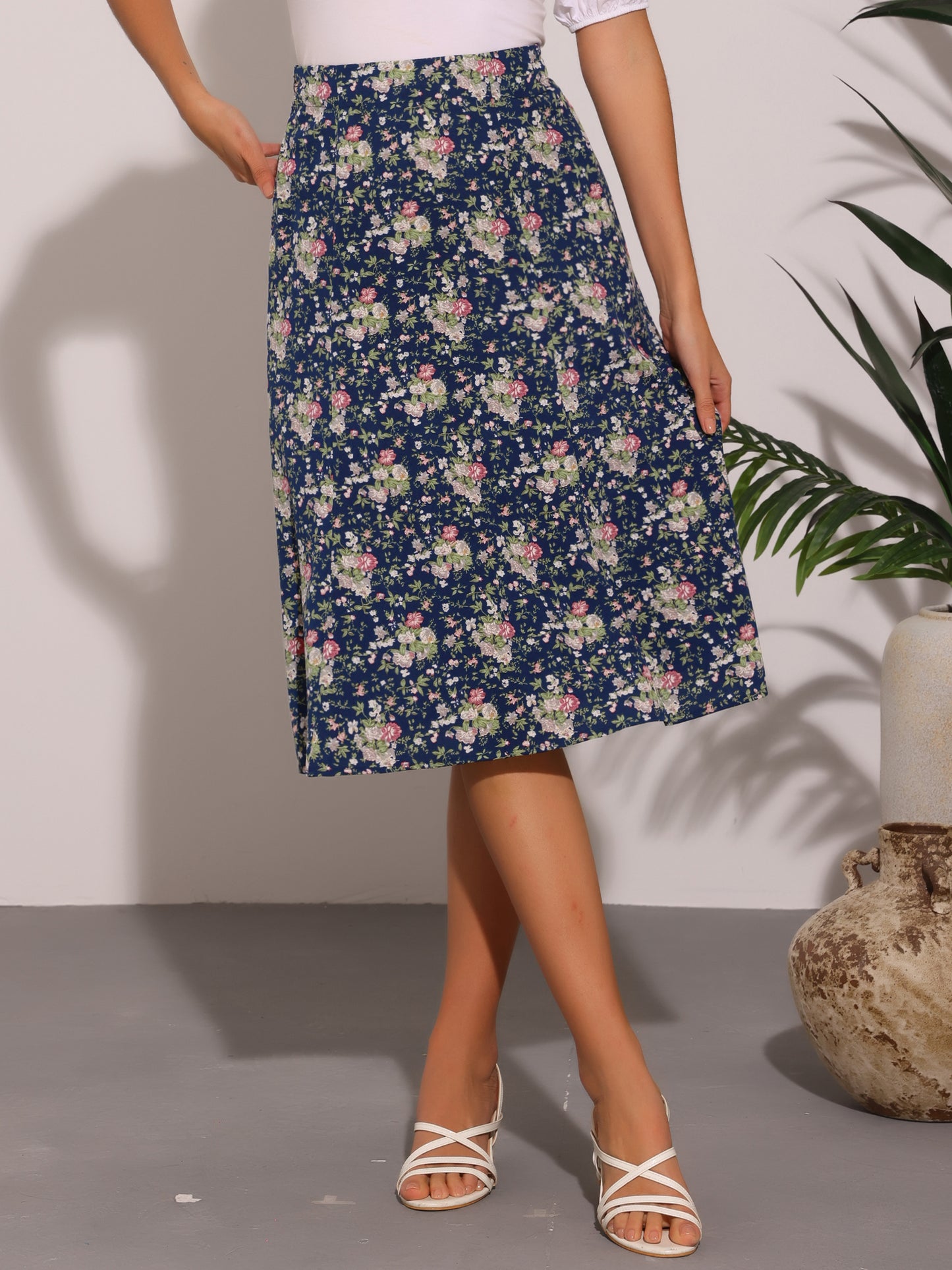 Women's Floral Midi Skirt Peasant Elastic Waist A-Line Ditsy Printed Skirts