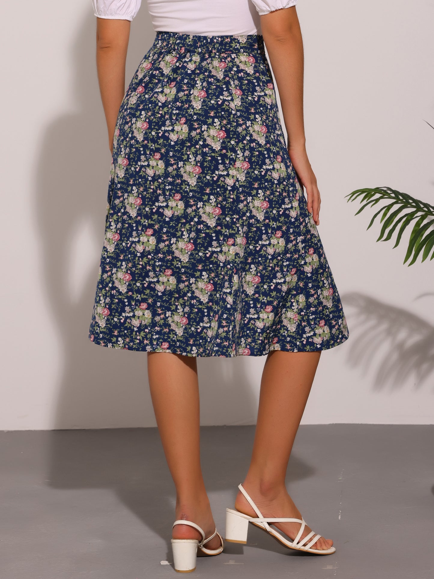 Women's Floral Midi Skirt Peasant Elastic Waist A-Line Ditsy Printed Skirts