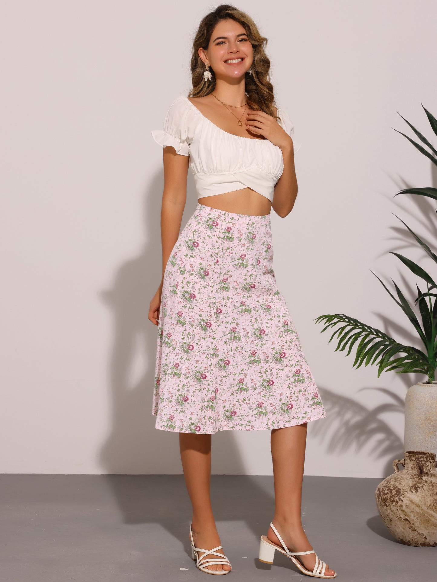 Falda midi floral para mujer, cintura elástica, corte A, estampado de florecitas