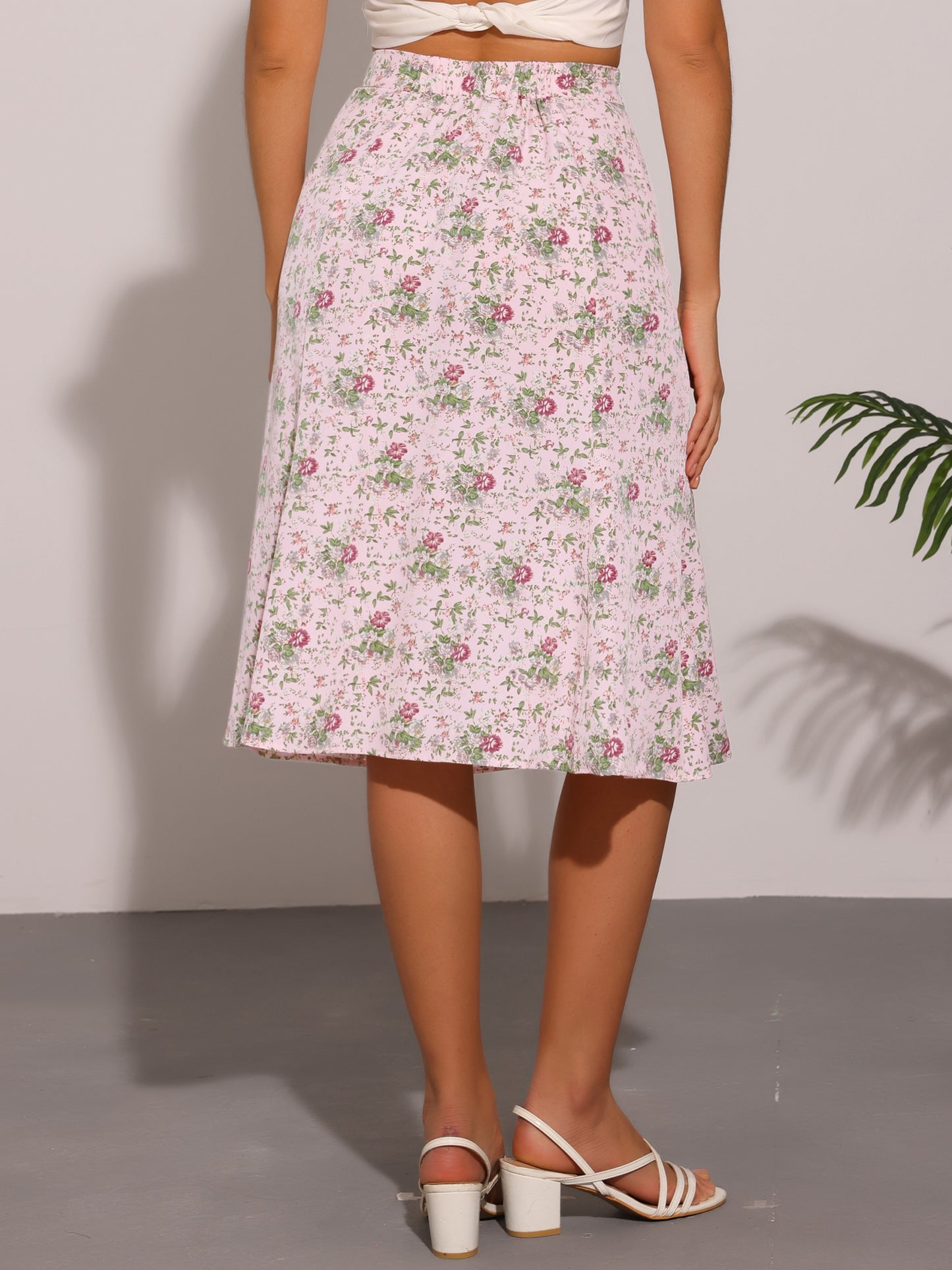 Falda midi floral para mujer, cintura elástica, corte A, estampado de florecitas