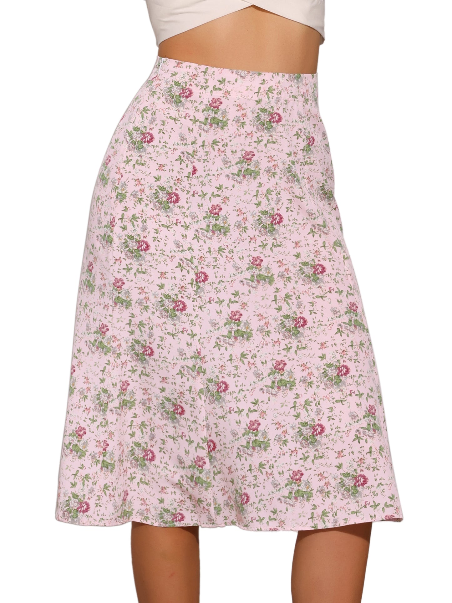 Falda midi floral para mujer, cintura elástica, corte A, estampado de florecitas